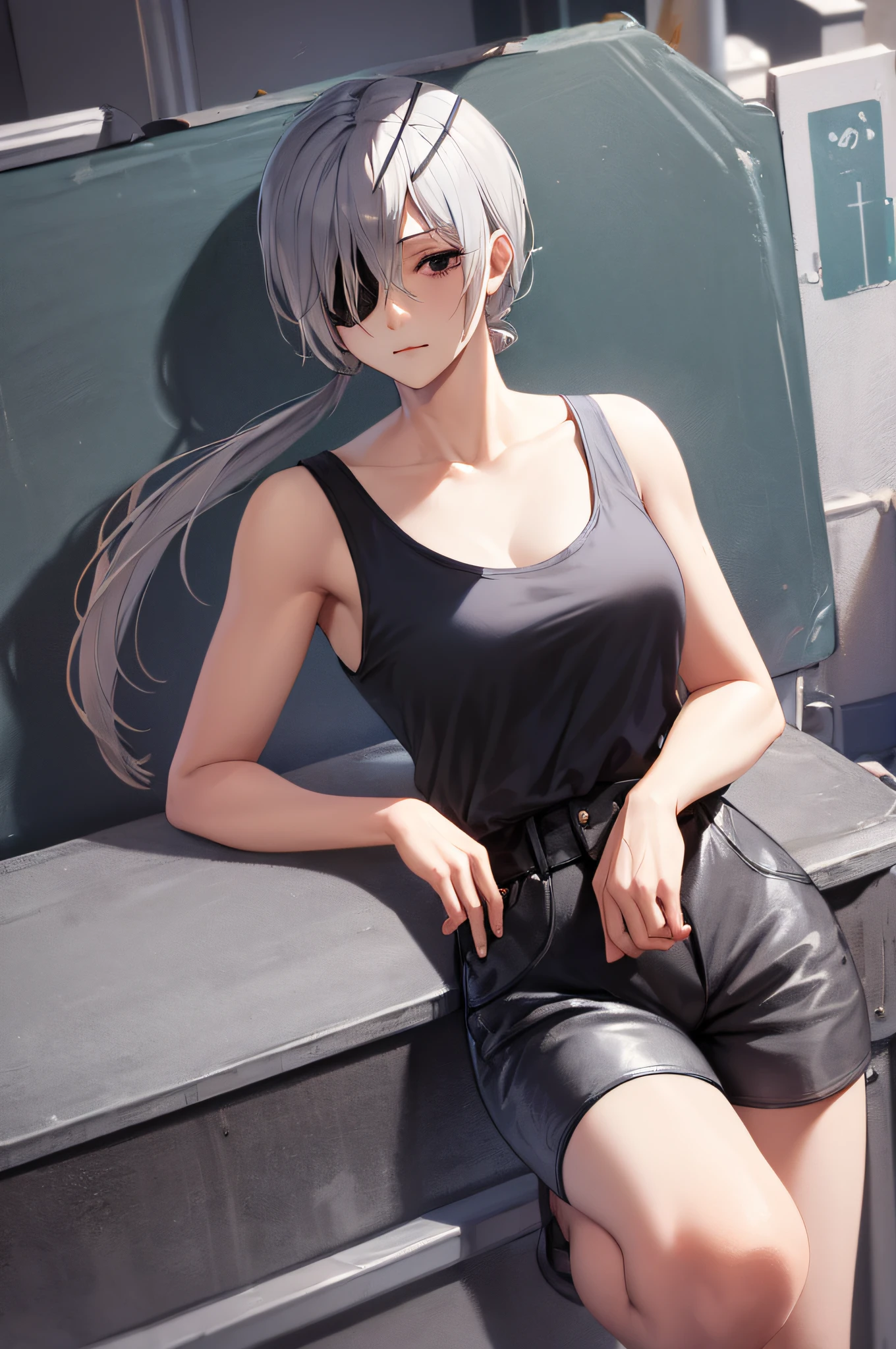 (masterpiece, best quality:1.2), solo, 1girl, quanxi, expressionless, closed mouth, looking at viewer, crossed arms, ponytail, eyepatch, black tank top, black pants