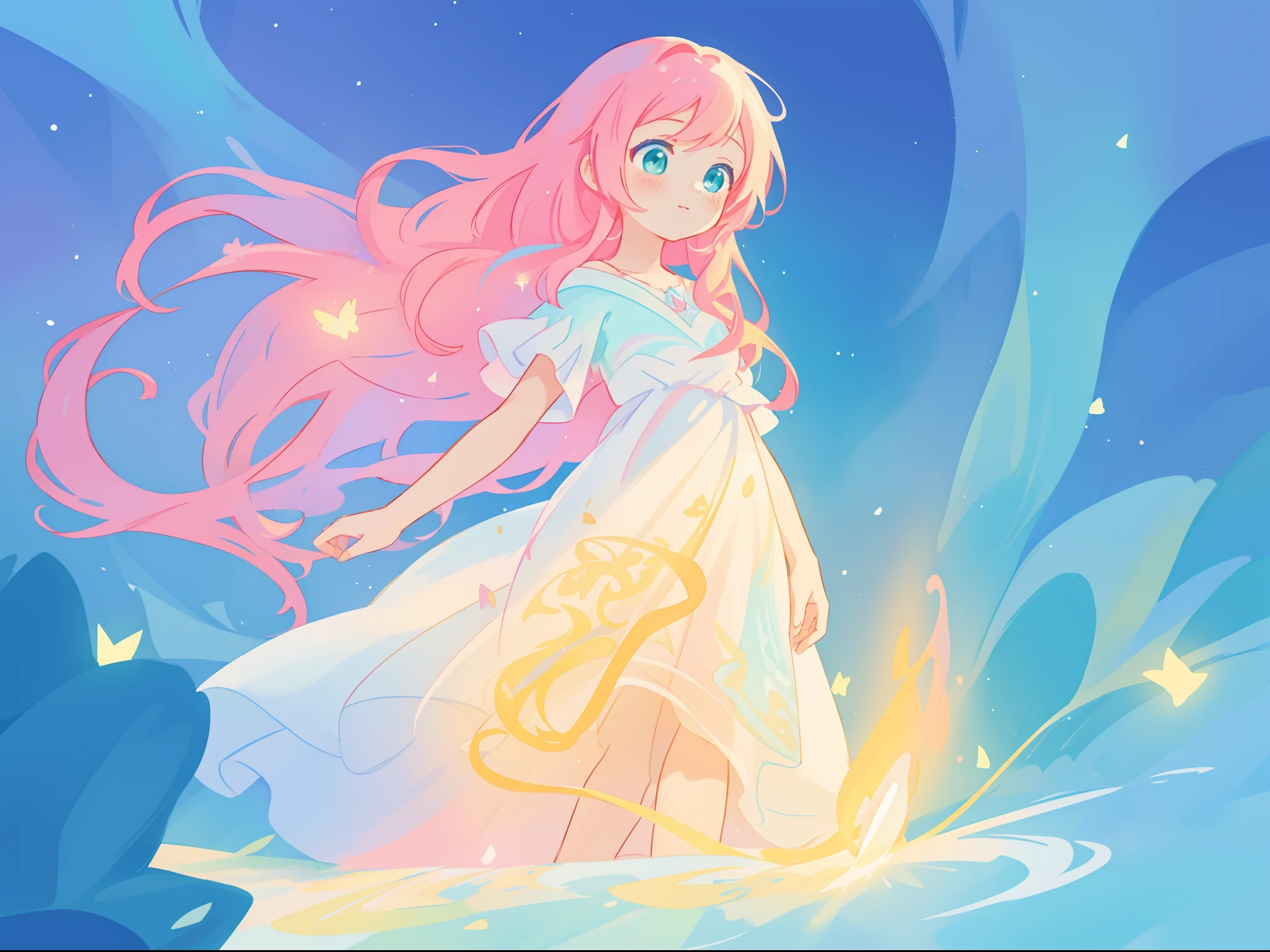 beautiful girl in flowing white dress, vibrant pastel colors, (colorful), magical lights, long flowing colorful pink hair, otherworldly aqua and blue landscape background, inspired by Glen Keane, inspired by Lois van Baarle, disney art style, by Lois van Baarle, glowing aura around her, by Glen Keane, jen bartel, glowing lights! digital painting, flowing glowing hair, glowing flowing hair, beautiful digital illustration, fantasia background, whimsical, magical, fantasy, beautiful face, ((masterpiece, best quality)), intricate details, highly detailed, sharp focus, 8k resolution, sparkling detailed eyes, liquid watercolor
