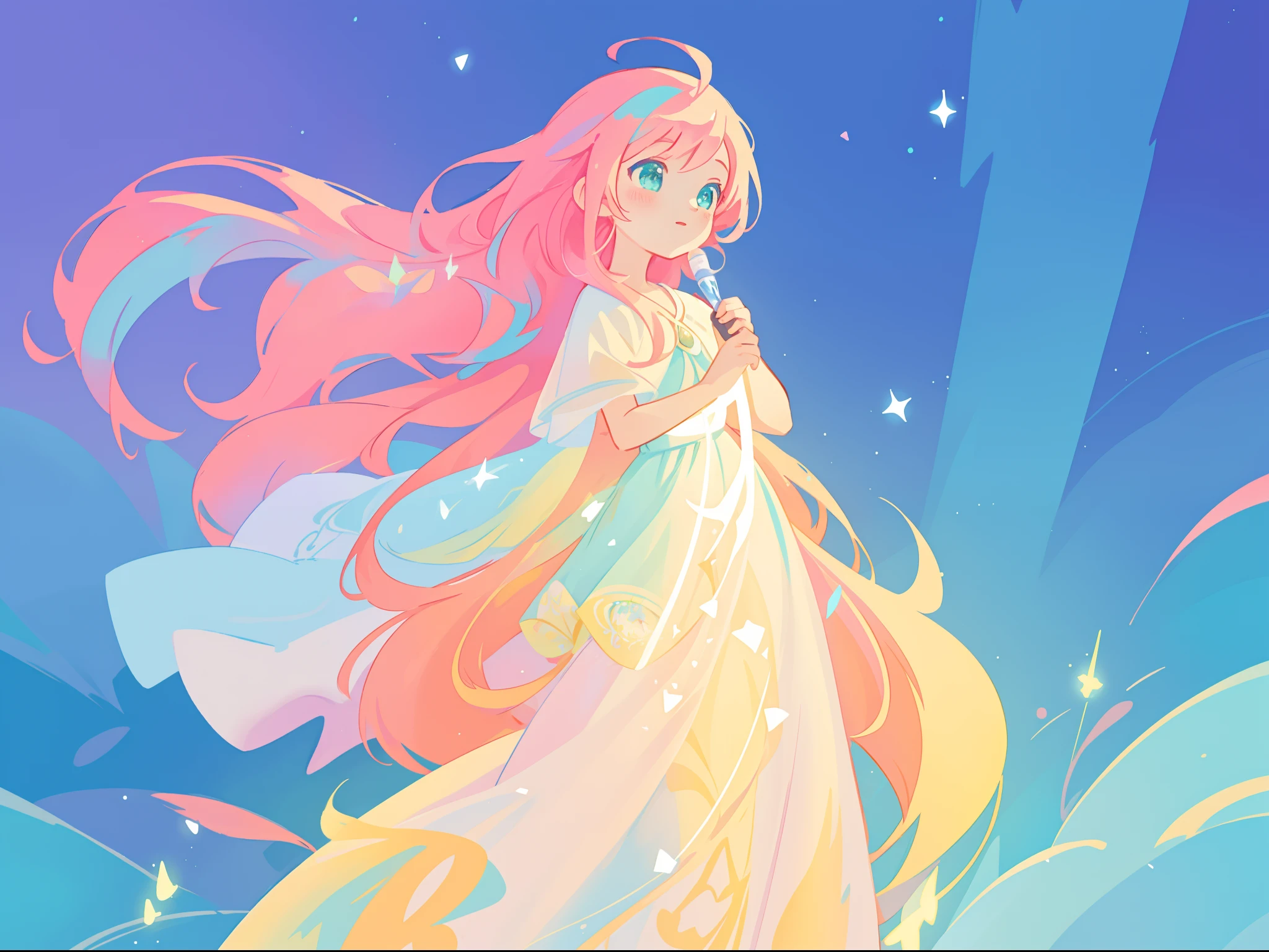 beautiful girl in flowing white dress, vibrant pastel colors, (colorful), magical lights, long flowing colorful pink hair, otherworldly aqua and blue landscape background, inspired by Glen Keane, inspired by Lois van Baarle, disney art style, by Lois van Baarle, glowing aura around her, by Glen Keane, jen bartel, glowing lights! digital painting, flowing glowing hair, glowing flowing hair, beautiful digital illustration, fantasia background, whimsical, magical, fantasy, beautiful face, ((masterpiece, best quality)), intricate details, highly detailed, sharp focus, 8k resolution, sparkling detailed eyes, liquid watercolor
