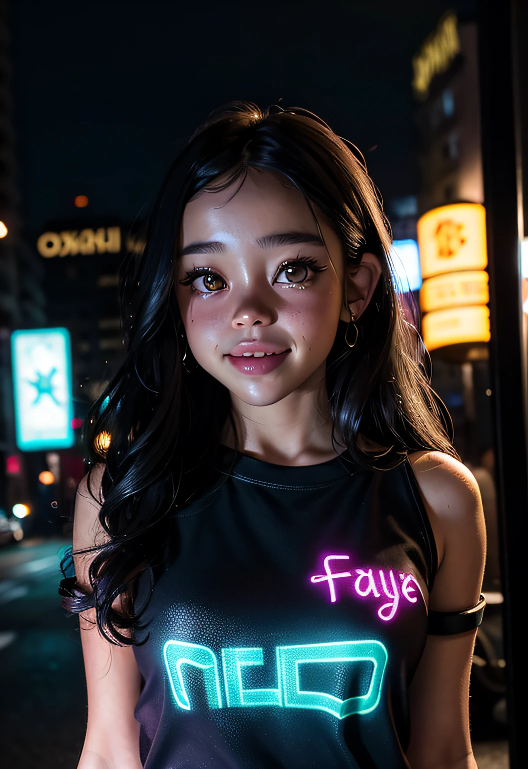 masterpiece, best quality, half body, portrait, night city, 1girl, ((Jenna Ortega)), anime, 3D, pixar, realistic,  girl, smiling, cute face, harajuku fashion style, rain coat, mini top, sexy top, very small top, jeans short, mini short, thigh clothes, beautiful, colourful, neon lights, cyberpunk, smooth skin, illustration, artstation, painting by stanley artgerm lau, sideways glance, foreshortening, extremely detailed 8K, smooth, high resolution, ultra quality, highly detail eyes, highly detail mouth, highly detailed face, perfect eyes, both eyes are the same, true light, glare, Iridescent, Global illumination, real hair movement, real light, real shadow, real face, hd, 2k, 4k, 8k, 16k, realistic light, realistic shadow, bright Eyes, fluorescent eyes, soft light, dream light