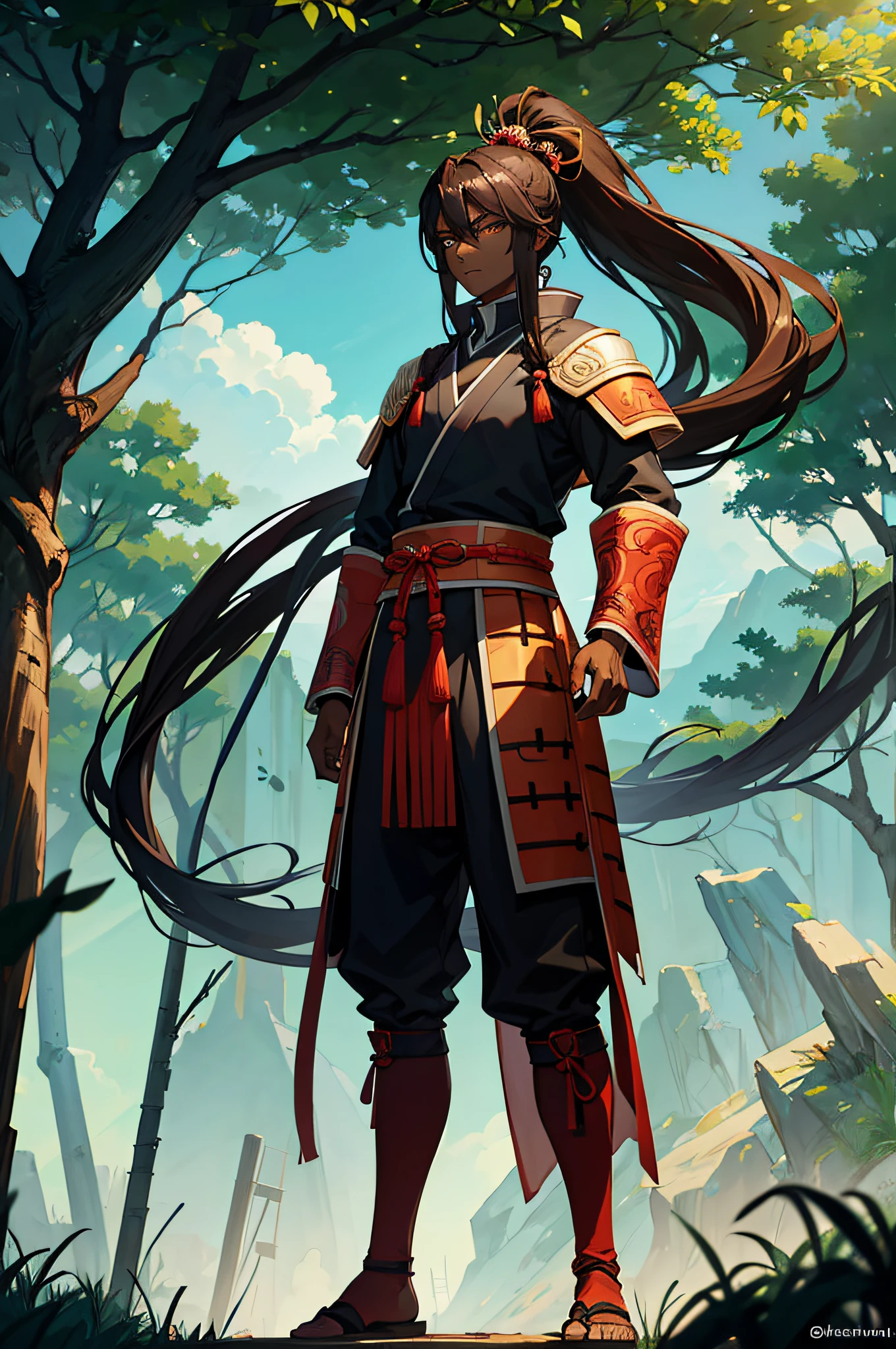 This young member of the Senju Clan stands tall at 1.82 meters with very dark skin and determined eyes. He sports long, brown hair tied in a samurai-style ponytail, complemented by unique, tree-colored green eyes. His attire reflects the clan's traditions, embodying strength and courage in his character, kid, man, full body, young, dark skin, background forest, hashirama senju