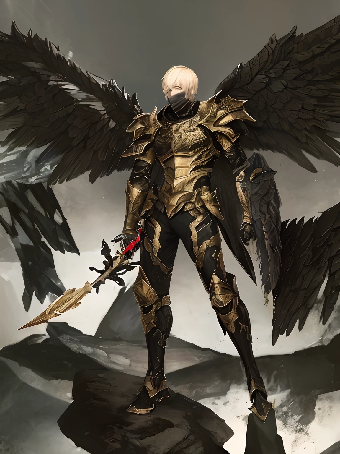 painting of a male human with short blond hair and black wings standing on a rock, heavily armoured, the angel of death, wearing battle armor, dark soul concept, winged male human, archangel