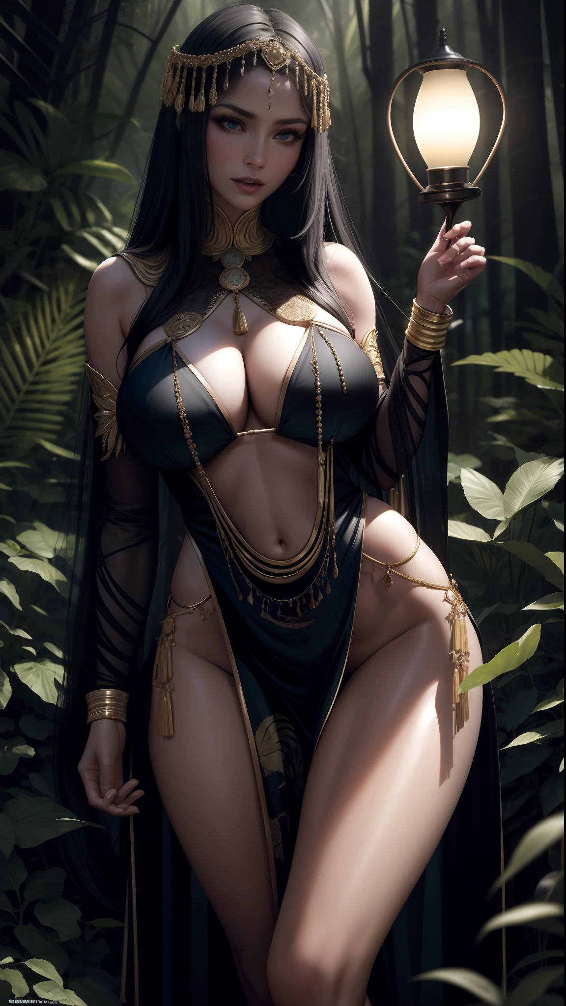 Best Quality, Masterpiece, High Detail, Realistic, High Definition, Adult Film Star, Tall Body, Hourglass Figure, Woman Dancing in the Forest, Jungle, Indonesia, Ancient, Night, Ancient Costume, Seduction. , making an erotic face, making an face, lamp, very little light, very dark, very dark, no light, foggy