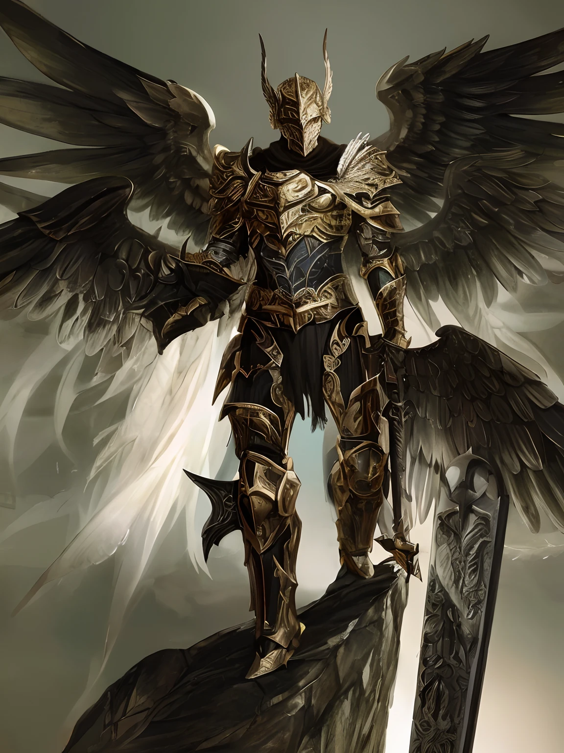 painting of a male human with short blond hair and black wings standing on a rock, heavily armoured, the angel of death, wearing battle armor, dark soul concept, winged male human, archangel