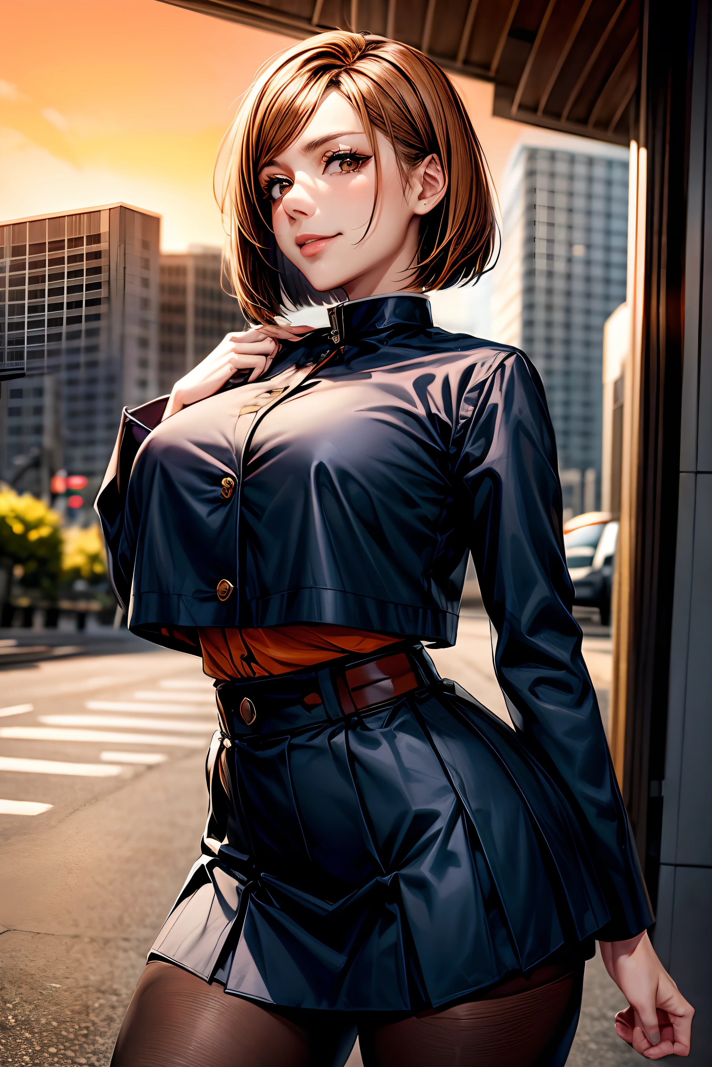 nobara kugisaki, bob cut, (brown eyes:1.5), brown hair, lips, short hair, belt, brown belt, brown pantyhose, crop top, crop top overhang, JUJUTSU TECH UNIFORM, jacket, gakuran, pantyhose, pleated skirt, shirt tucked in, skirt, blue skirt, blue crop top, beautiful smile, dark orange sunset, city background, beautiful thighs