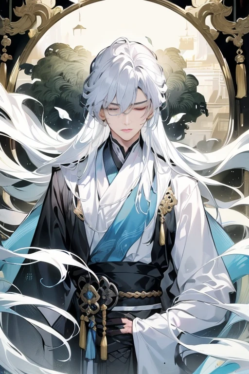 ((Official fine art，tmasterpiece)):0.9，Sharp focus，1 boy，China-style，Oriental fantasy，long white robe，long  white hair，apathy，high and cold，A male god，Long sword at the waist，bamboo forrest，cold shades，gloom，Long black hair fluttering in the wind，Bunched hair，Sword eyebrows，Close your eyes。