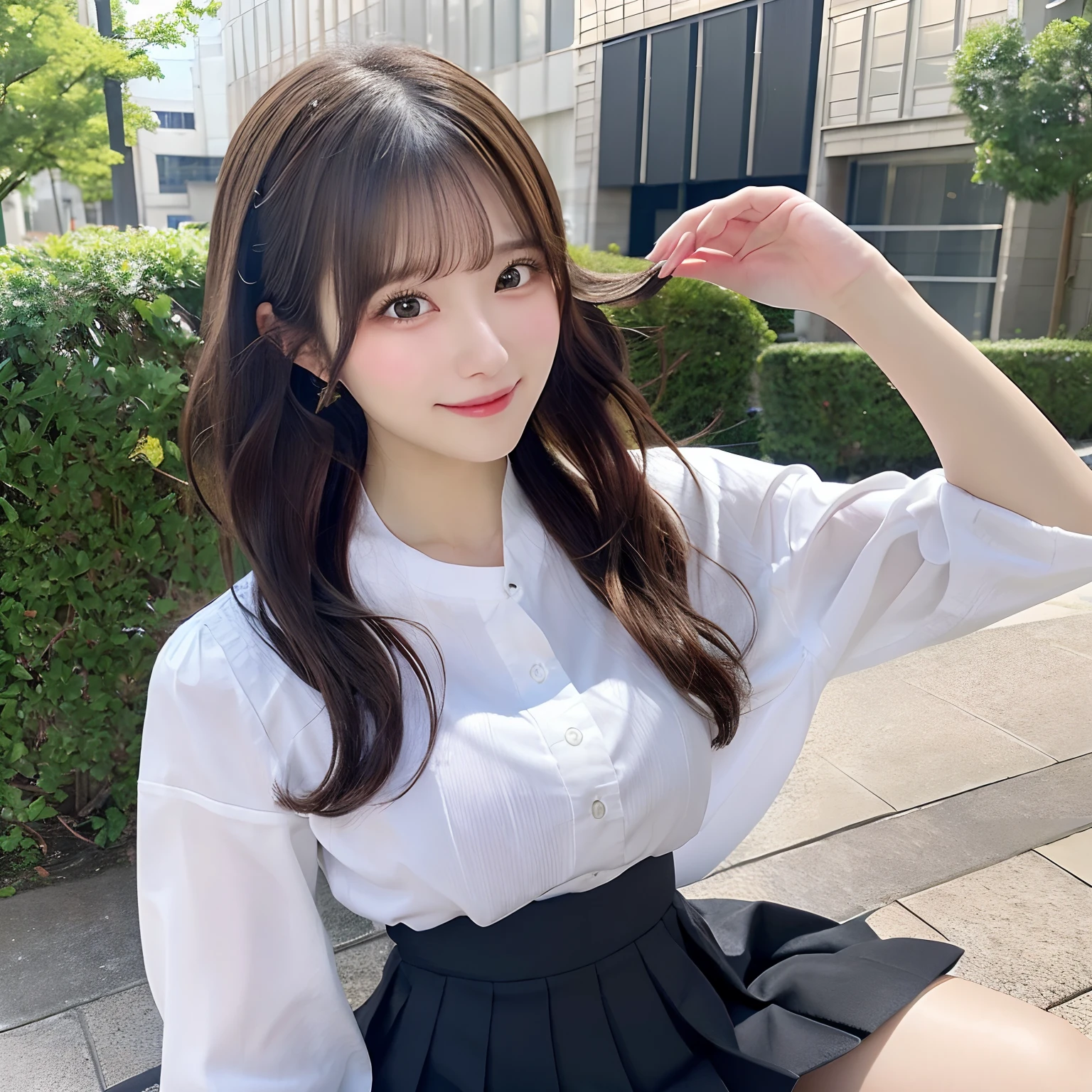 hight resolution,masutepiece,Best Quality,Extremely detailed, hyper realisitic, girl with, Put your hands on your knees, hair wavy, a smile, Black pleats skirt, white oversize shirt,Avert your eyes, profile, Very beautiful,cute, 8K Wallpaper, Fine detail, Very detailed 8k wallpaper