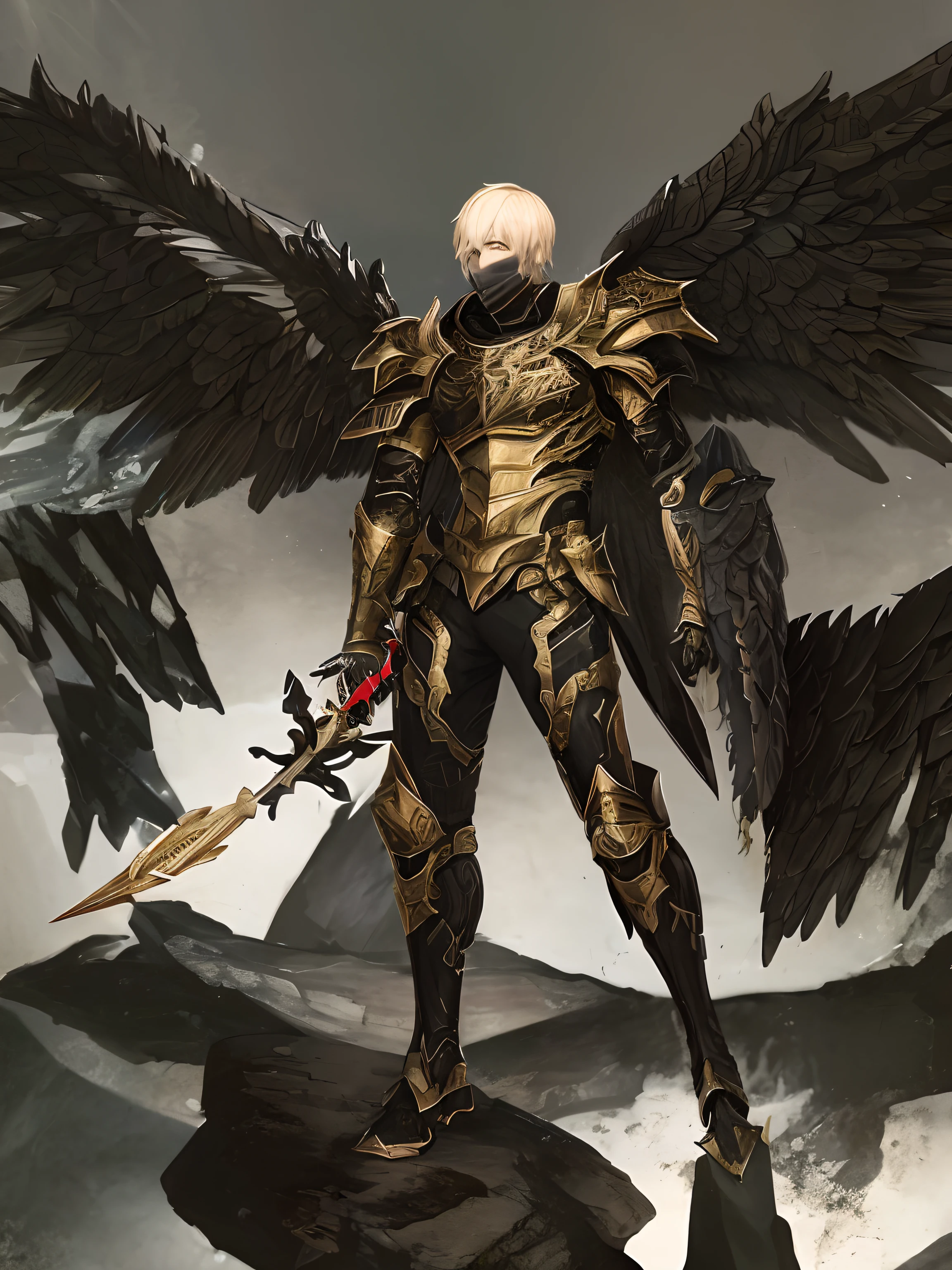 painting of a male human with short blond hair and black wings standing on a rock, heavily armoured, the angel of death, wearing battle armor, dark soul concept, winged male human, archangel