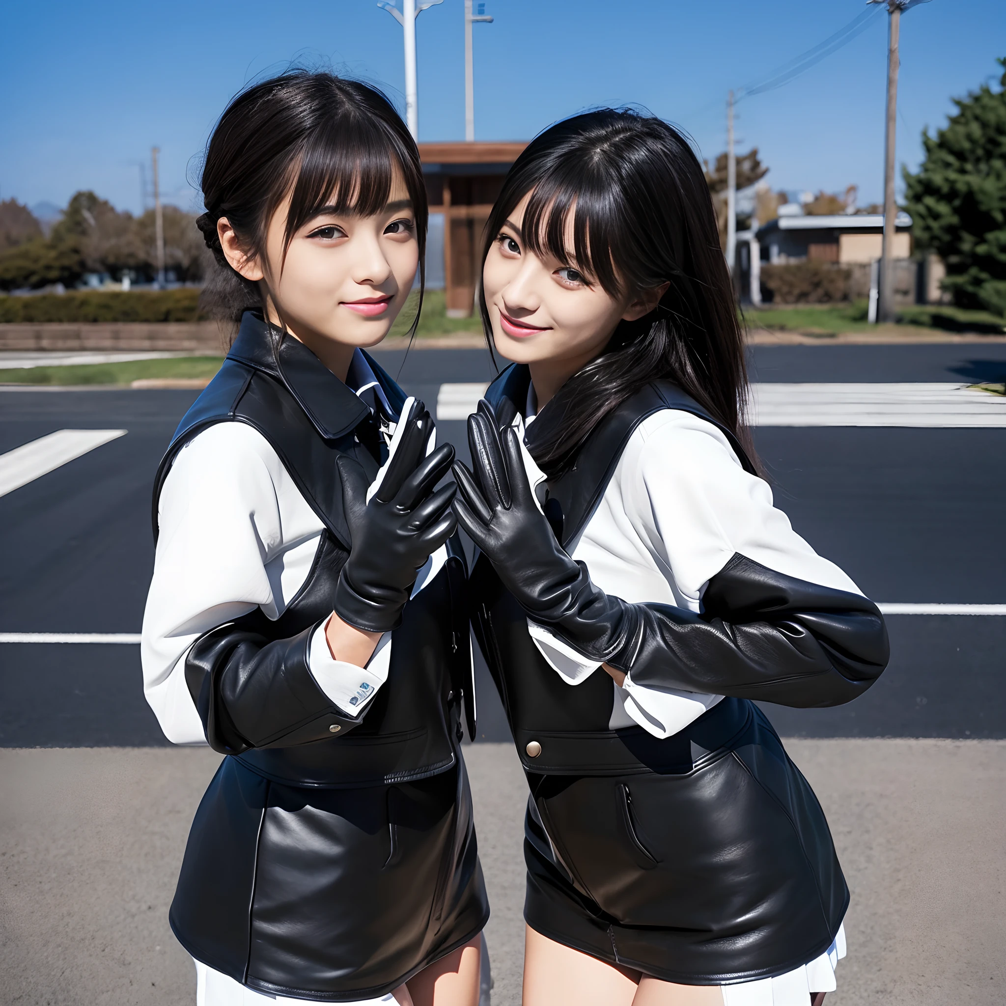 Black leather gloves on both hands、Innocent Japan high school girl Black Leather Double Rider's Jacket、(Wearing black leather gloves on both hands)、Black Leather Skinny Pants、Black Leather Knee High Long Boots(Wearing black leather gloves on both hands)