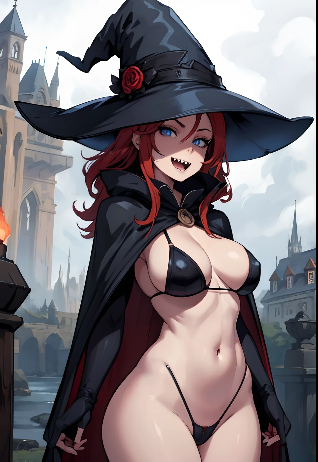 big witch hat, huge boobs, red hair, blue eyes, sharp teeth, small waist, wide hips, black cloak, luminous eyes