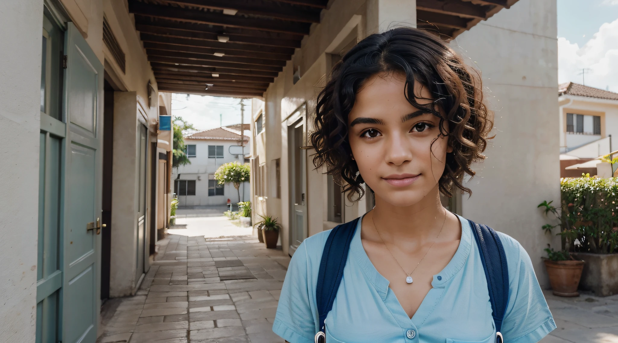 Create a prompt that generates an image of a medical student with Brazilian features. O modelo deve ser mulatta, com cabelos cacheados, vestindo um casaco branco e uma mochila azul nas costas. Ensure the inclusion of curly hair, without stethoscope. Ensure Realistic Lighting, com dentes brancos e alinhados, and add the university campus in the background of the image to create an authentic environment. Por favor, Make the image as realistic as possible.