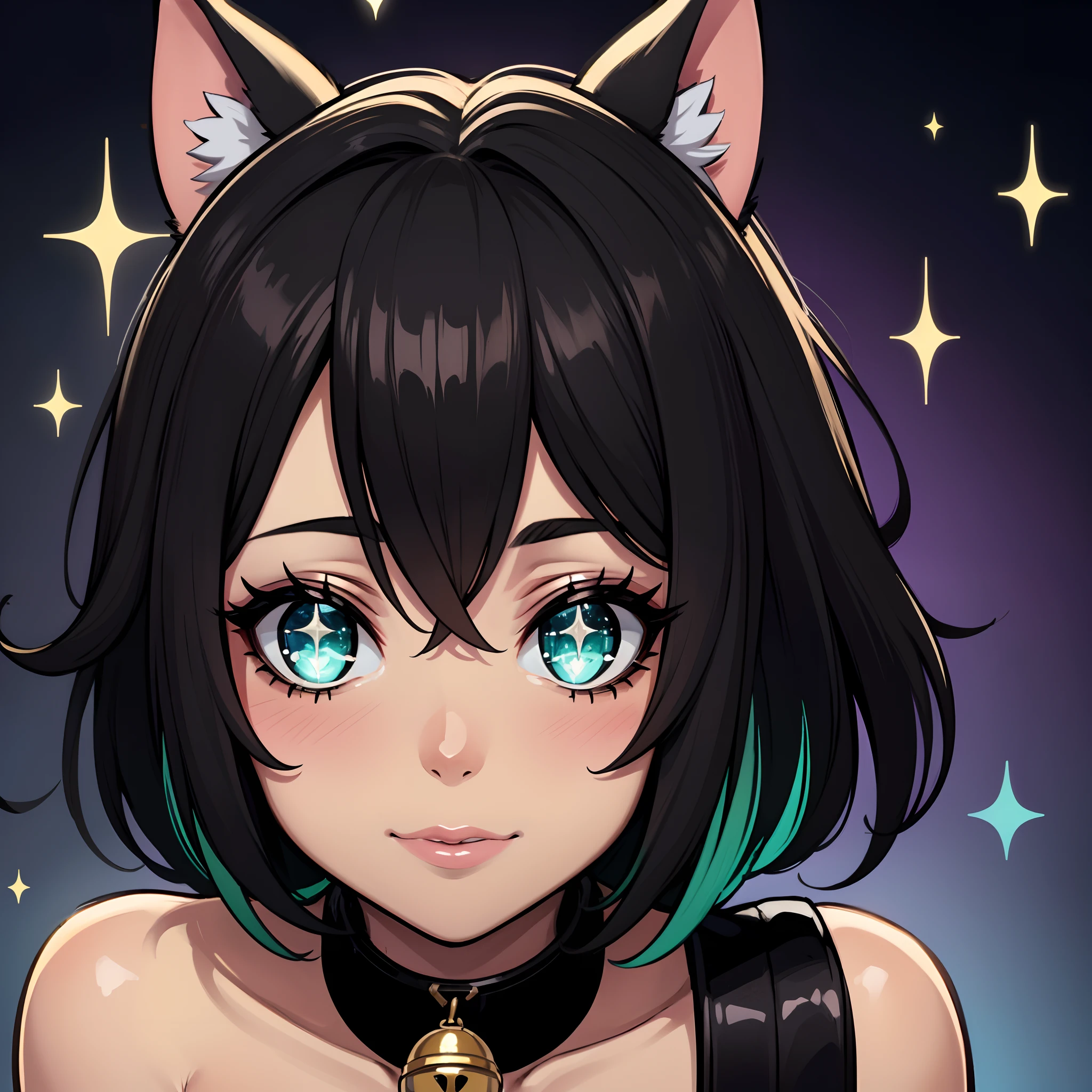 (best quality,ultra-detailed:1.2), green eyes, long black hair, black dress, solo pose, neko style, sparkling background, dreamy lighting, vibrant colors, soft pastel tones, has cat ears, wearing collar with bell on it