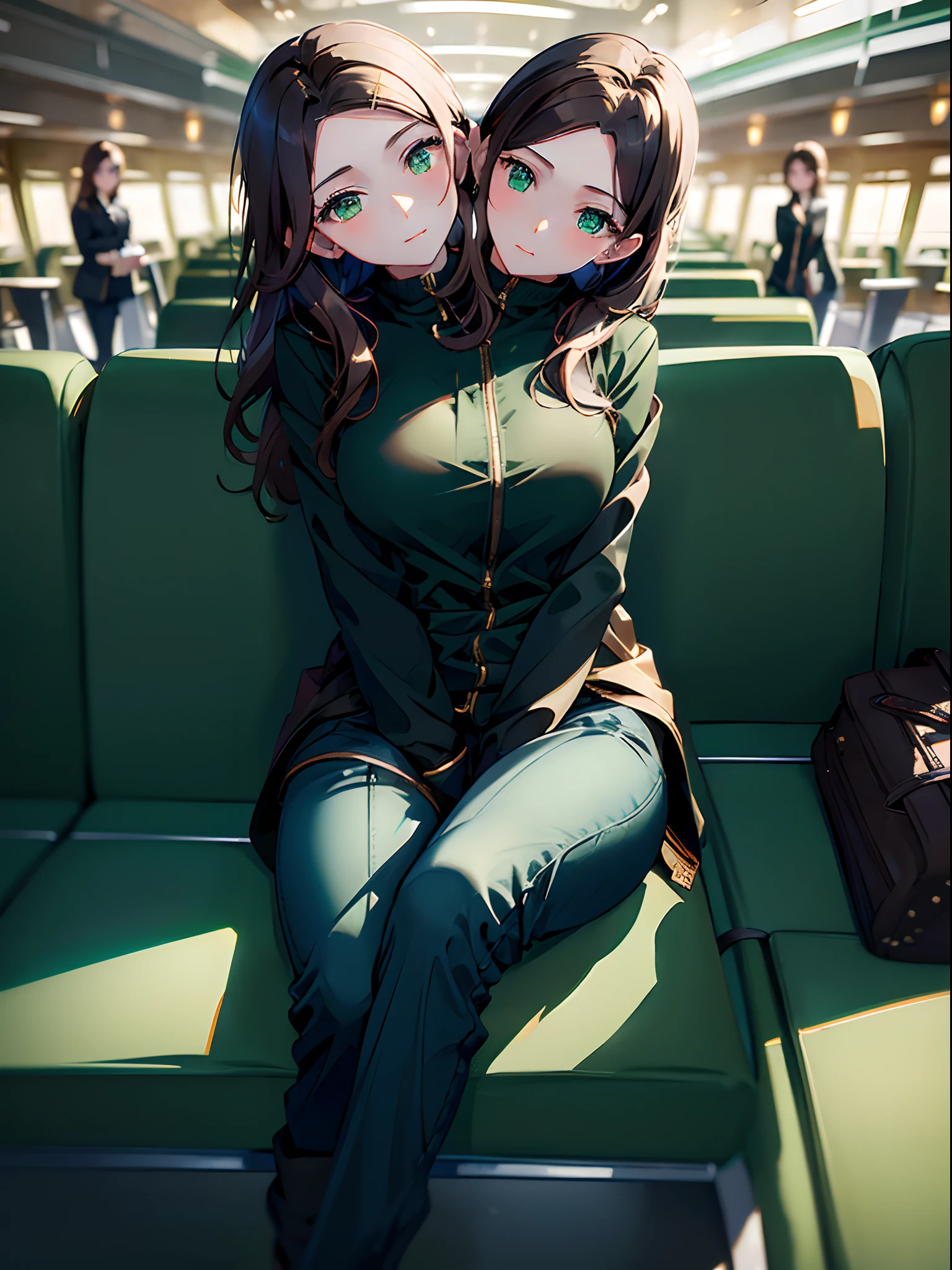 (masterpiece, best quality), best resolution, (2heads:1.5), 1girl, brown hair, green eyes, black jacket, blue long pants, airport terminal, sitting on a bench, suitcase nearby, waiting for a flight to start boarding