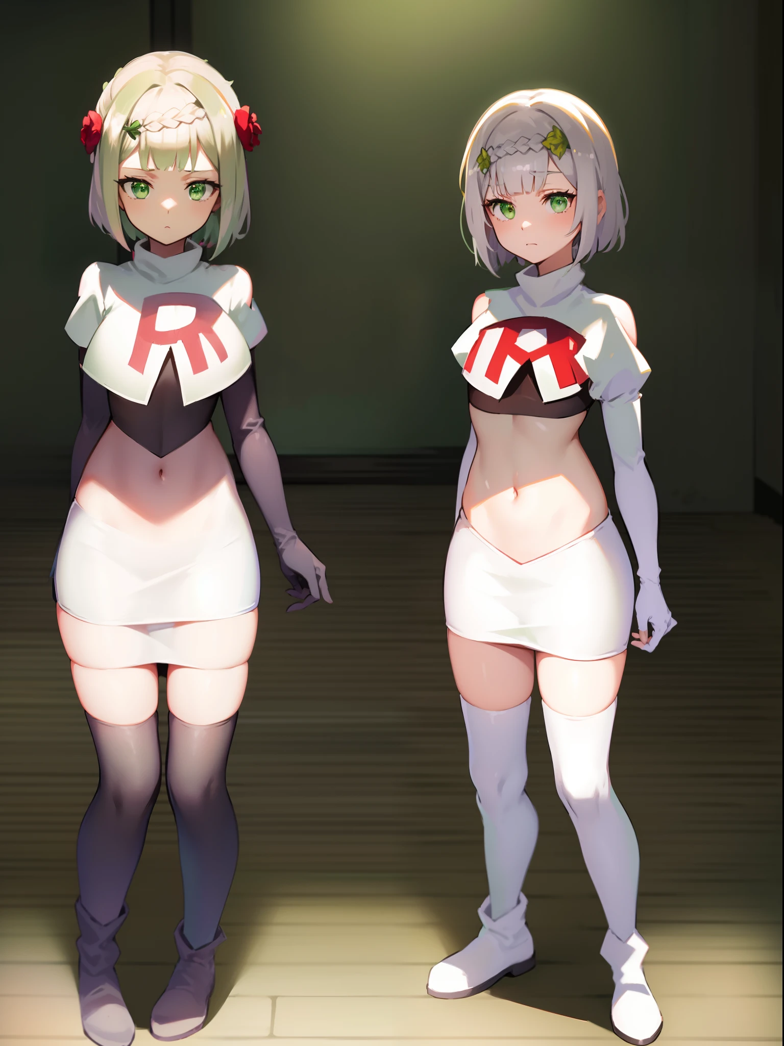 genshinnoelle, noelle, braid, flower, hair flower, hair ornament, short hair, silver hair, (green eyes:1.5),team rocket,team rocket uniform,white skirt,crop top,black thigh-high boots,black elbow gloves,