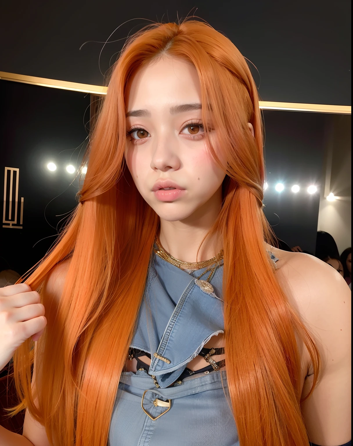 Mujer arafed con el pelo largo y rojo y vestido azul posando para una foto, she has long orange brown hair, Ella tiene el pelo largo redorange, Pelo largo de color naranja, cabello naranja, cabello naranja brillante, Jossi de Blackpink, Sun Yunjoo, cabello naranja que fluye, Cabello largo y ondulado de color naranja, Jisoo de Blackpink, dilraba dilmurat, Jisoo de Blackpink
