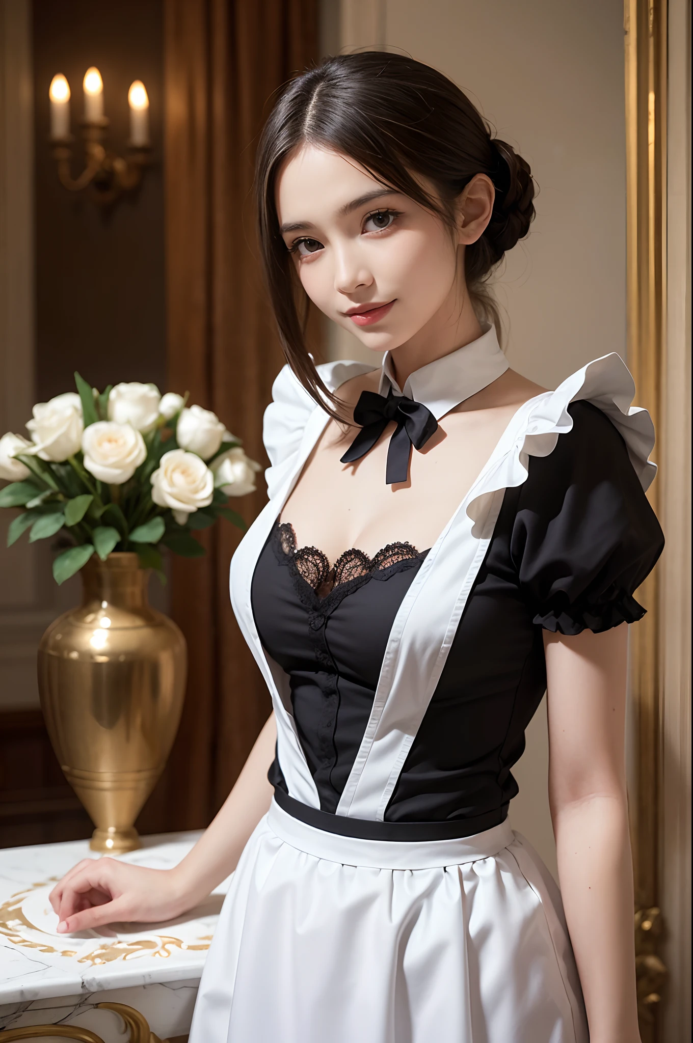 (8k, RAW photo, best quality, masterpiece:1.2), High detail RAW color photo, professional photograph, (cowboy shot:1.3), (realistic, photo realistic:1.37), ((best quality)), (1 girl:1.3), cinematic light, (finerly detailed face:1.2), (masterpiece:1.5), (best quality:1.2), (smiling:1.2), (looking at viewer:1.2), bowtie, (detailed maid:1.3),traditional, (narrow waist:1.2), (large breasts:1.2), elegant, gorgeous,gothic ta,arms behind back,
BREAK
background is luxury mansion, inside, indirect lighting, floor lights, Many beautiful flowers are arranged in luxurious vases, creating a luxurious and luxurious atmosphere., marble floor, decorative wal, BREAK ,William Morris, Arts and Crafts movement, intricate patterns, nature-inspired designs, wallpaper art, textile creations, British heritage