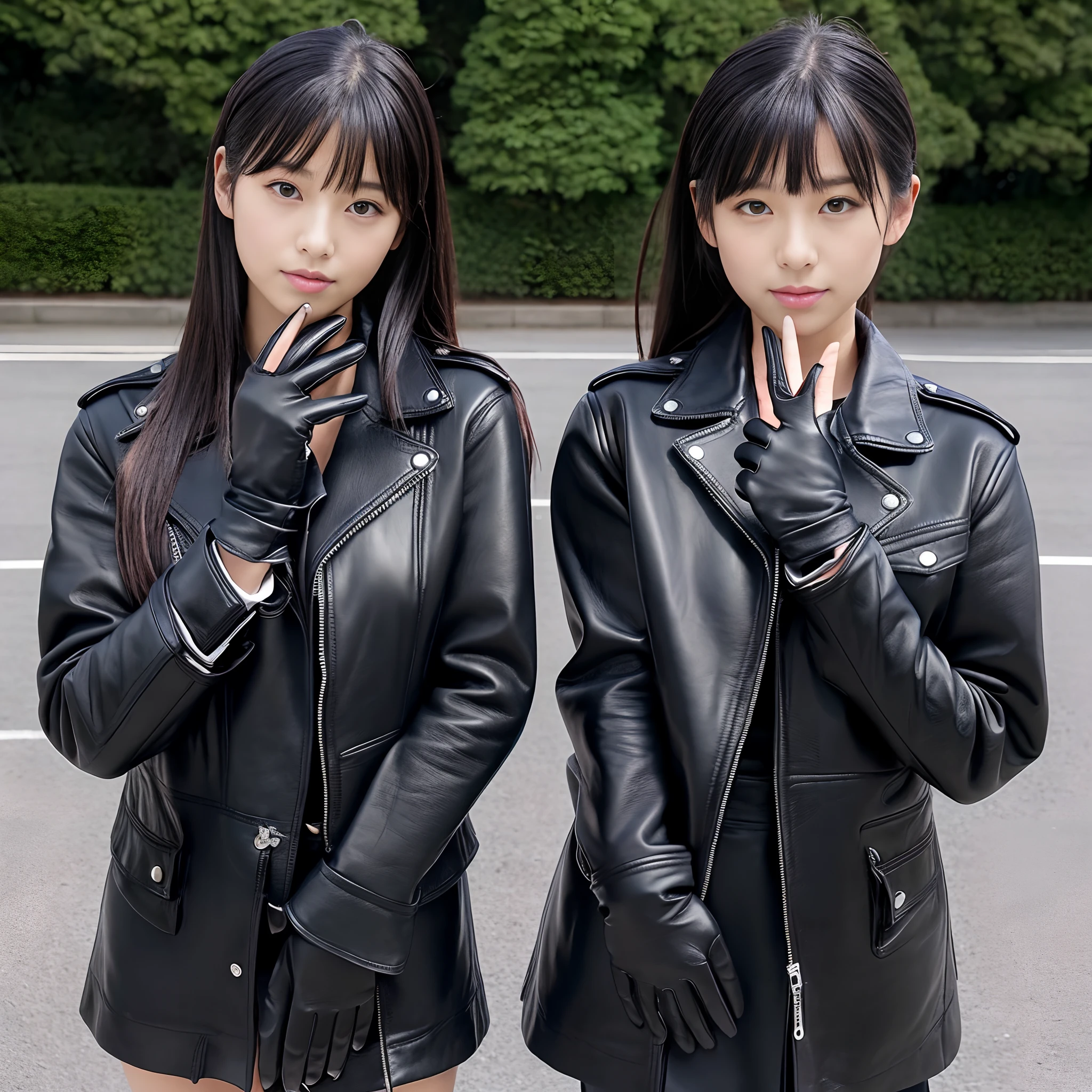Black leather gloves on both hands、Innocent Japan high school girl　Black Leather Double Rider's Jacket、(Wearing black leather gloves on both hands)、Black Leather Skinny Pants、Black Leather Knee High Long Boots(Wearing black leather gloves on both hands)