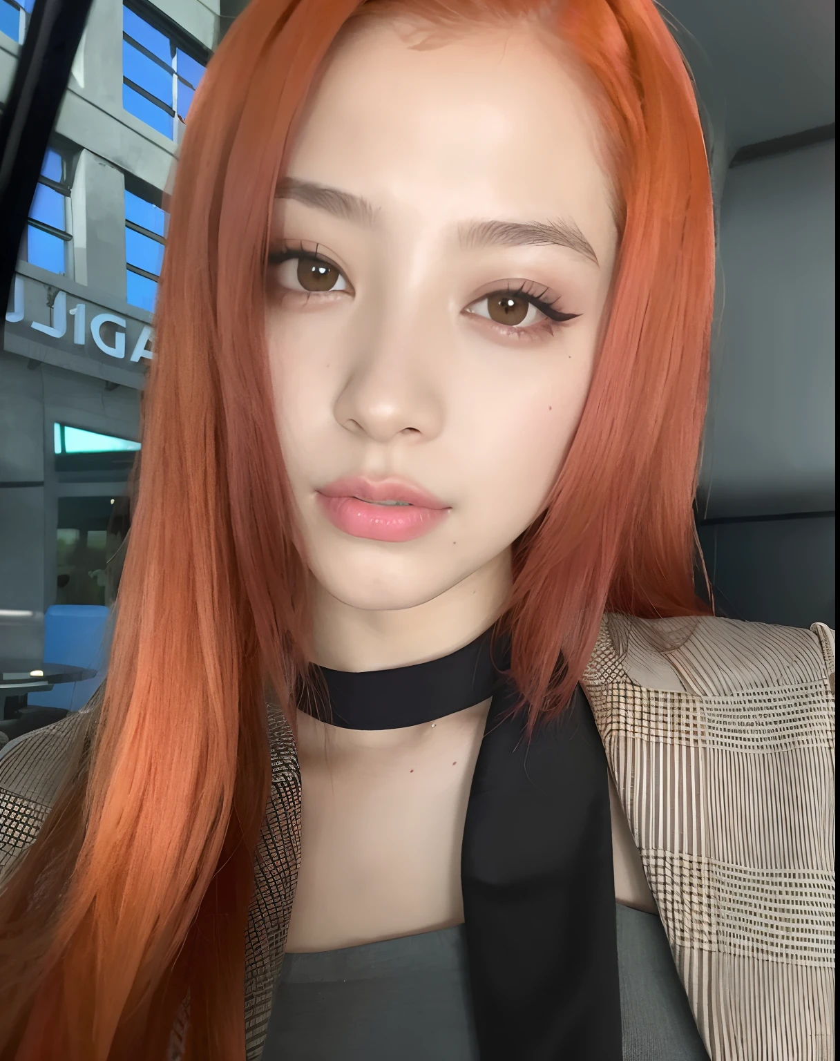 Hay una mujer con el pelo rojo y una corbata negra, Jossi de Blackpink, she has long orange brown hair, Jisoo de Blackpink, Jisoo de Blackpink, Ella tiene el pelo largo redorange, tzuyu de dos veces, Retrato Jisoo Blackpink, Sun Yunjoo, Retrato de Jossi de Blackpink, cabello naranja, Parque Roseanne de Blackpink, dilraba dilmurat