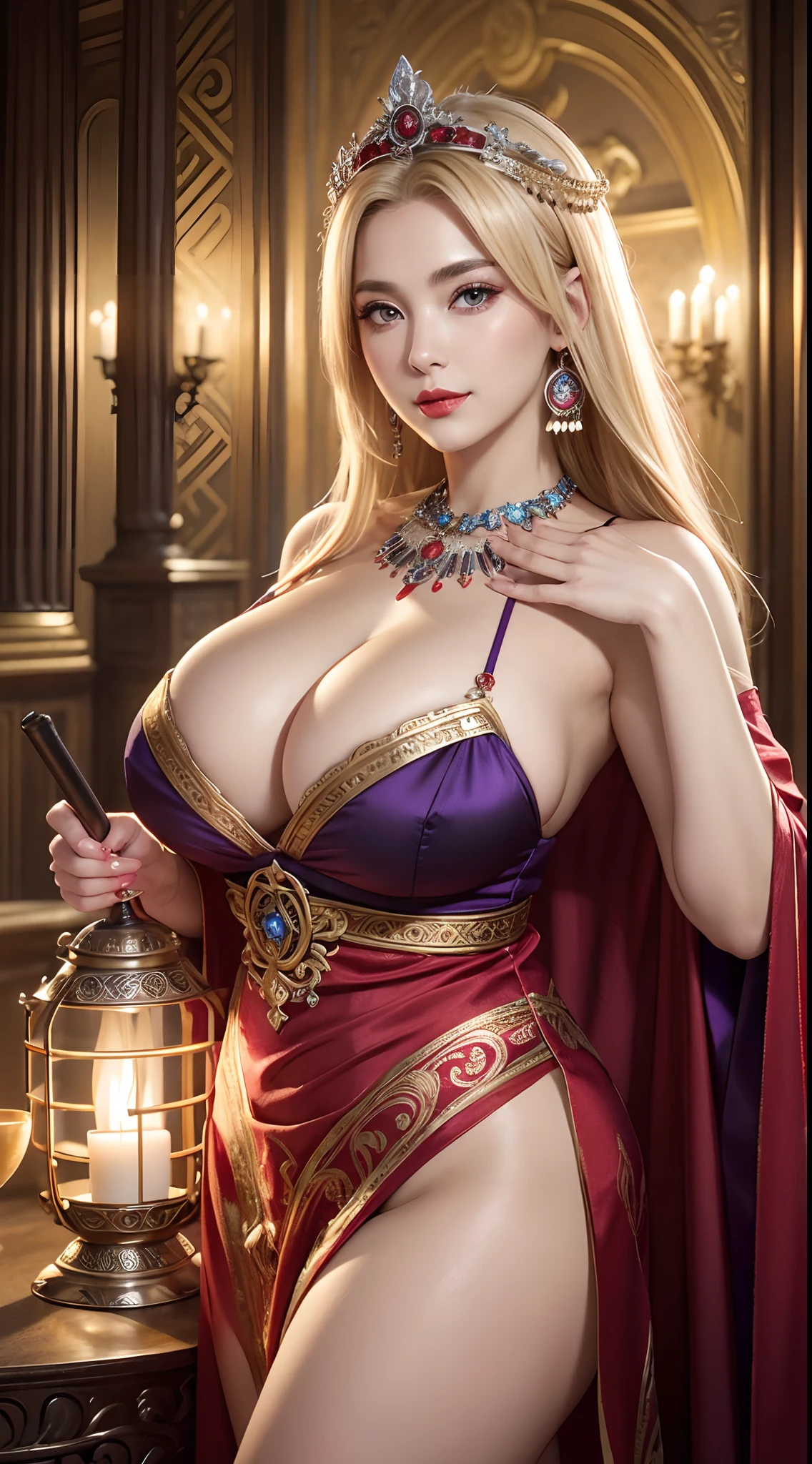 (hyper realstic)、Ancient priestess、Ancient female shamans、
immensity Beautie high-level image quality hight resolution Realistic Shorthair a blond、 blond woman in a、A MILF、Middle-aged woman、((Big big))、Detailed red-black ,,,,,,、detailed skin textures、超A high resolution、Realistic、Voluptuous body shape、A smile、Middle-aged beauty、Beautiful expression、With detailed red-black areola 、Detailed purple eyes、blond、long fluffy hair、Kamimei、Very delicate and detailed skin texture、35Female Shaman、(Blonde pubic hair)、{(Ancient ornate and luxurious temples)、(A lot of torches are burning)}、Ancient priestess、Large cleavage、Large open neckline、big butts、bright red lips、(Colorful and glamorous clothes and luxurious accessories)、I have an ornate platinum wand、