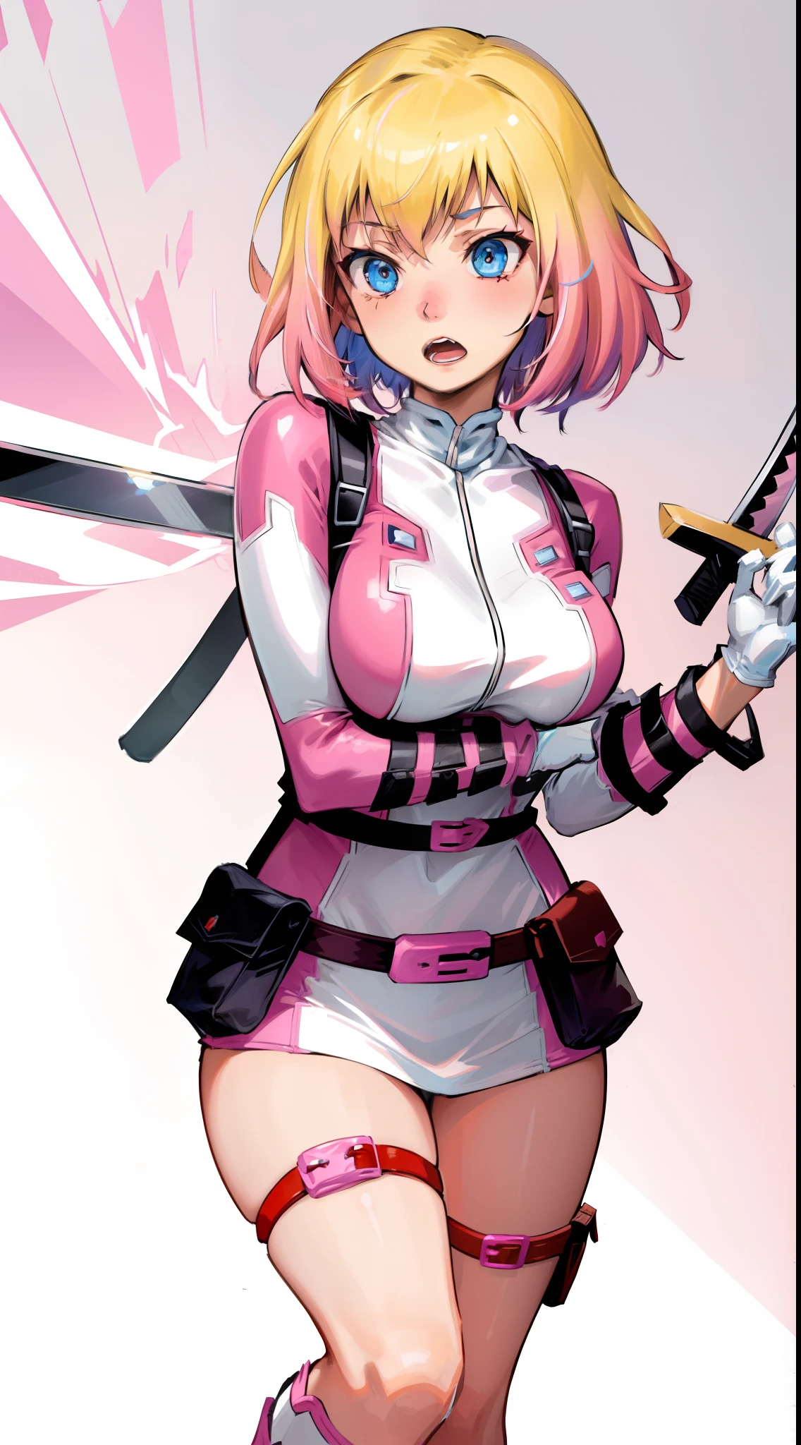 gwenpool, 1girl, weapon, blonde hair, multicolored hair, solo, blue eyes, sword, pouch, superhero, short hair, gradient hair, open mouth, belt, two-tone hair, pink hair, breasts, gloves, belt pouch