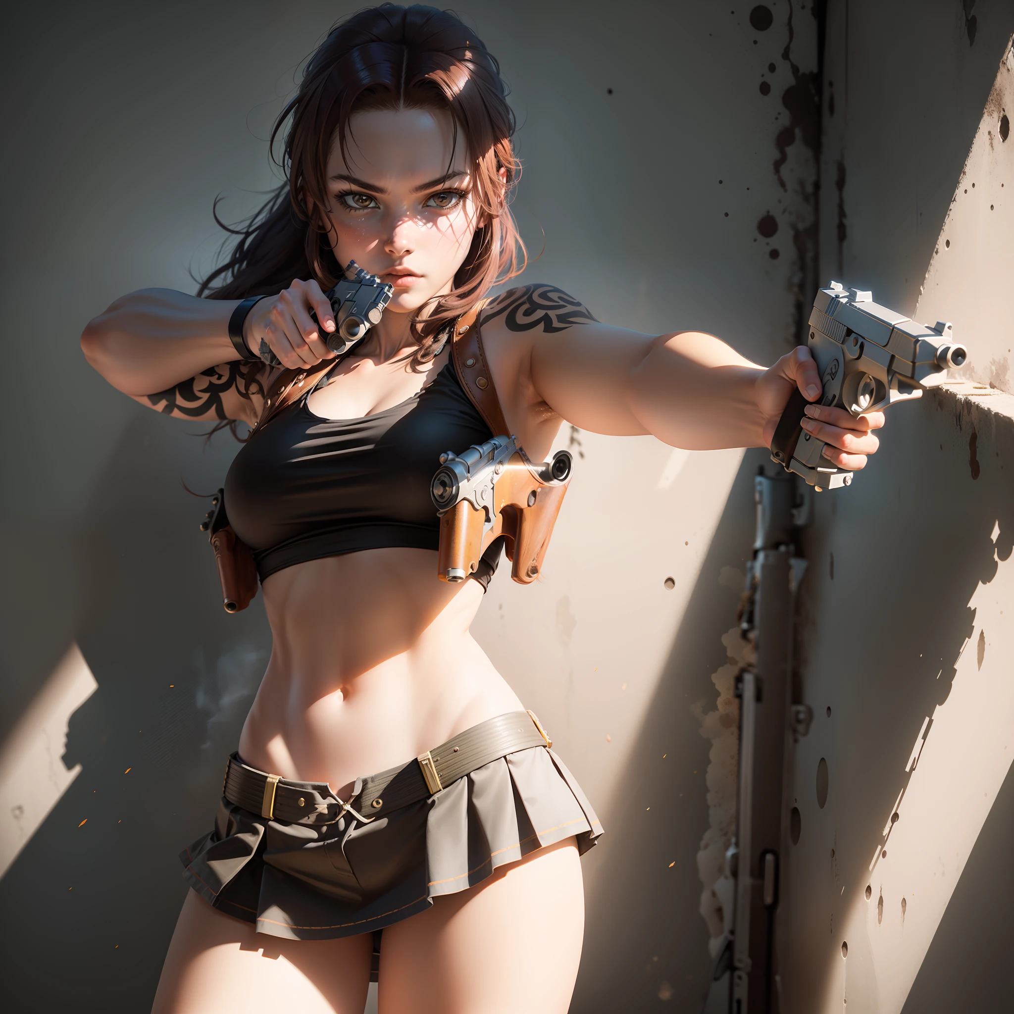 1girl, ((aiming at the viewer with a gun)), red tank top, leather miniskirt, one pistol, ((holding a handgun)), masterpiece, detailed shadows, detailed light, very detailed, best quality, HD, 4K, high quality, cowboy shot, photography, professional lighting, (((decent looking gun))),detailed background, flash, shooting smoke, brown hair, brown eyes