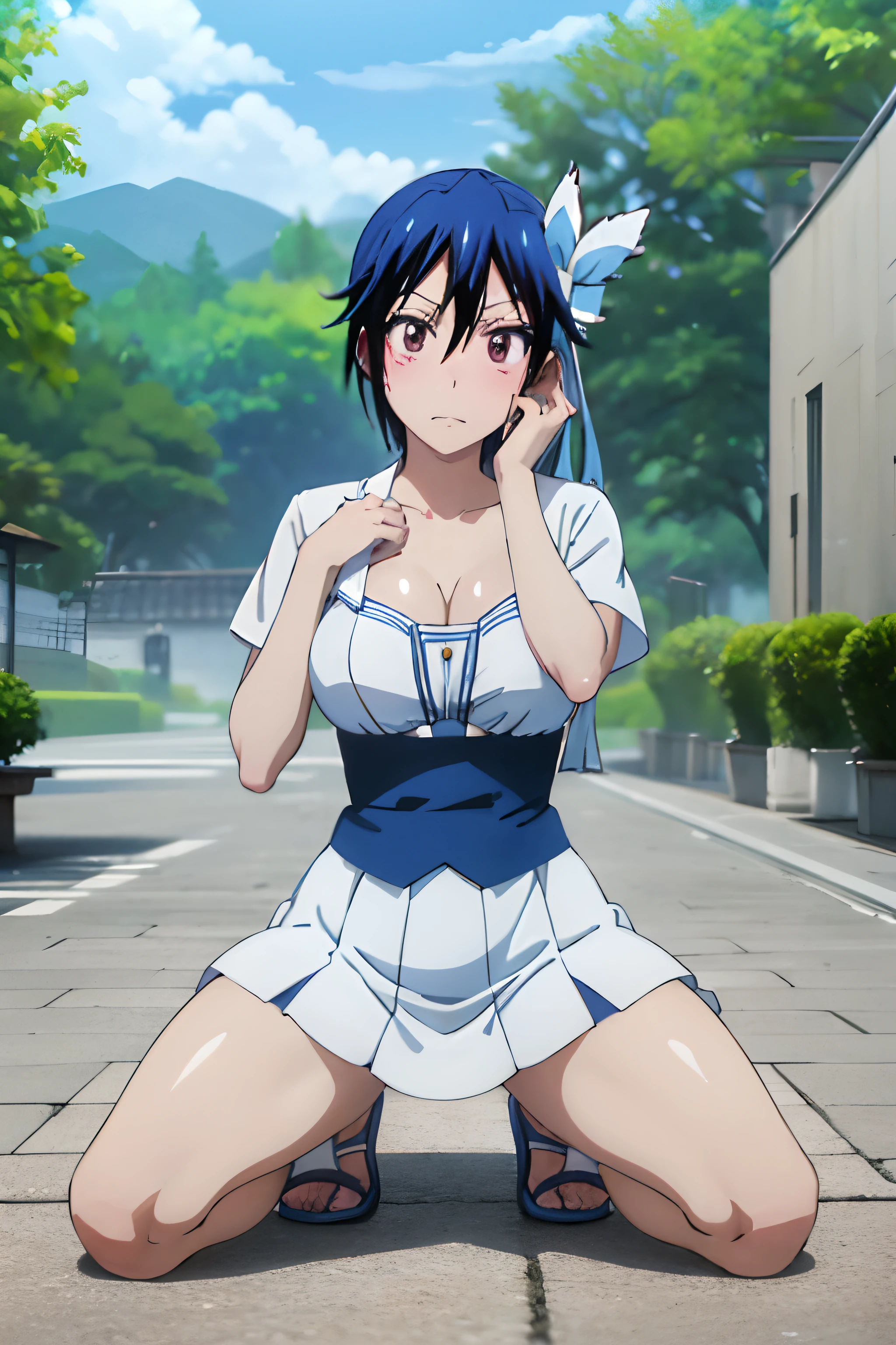 1chica, pechos grandes, pelaje azul, pelo corto con lazo, bragas blancas, piernas abiertas, mini falda, bragas blancas, muslo, bragas Tsugimi, Tsugimi Seishirou(Nisekoi.)