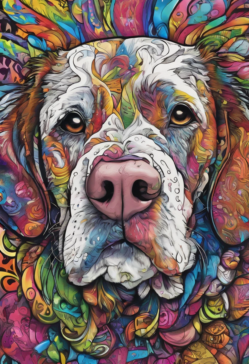 grafismo, diverse and playful geometric figures, Rainbow, romero britto, um cachorro head, juba bem detalhada ((fundo branco)), olhos penetrantes, cachorro colorido e alegre, abstrato, epic instagram, art-station, toque de estilo splash de tinta colorida+, contorno, hiperdetalhado intricadamente detalhado, genial, detalhes intrincados, tela inicial, cores complementares, conceito realista abstrato romero britto de arte, 8K, obra-prima do deviantart, oil-painting, pinceladas pesadas, pingos de tinta, artes de salpicos.