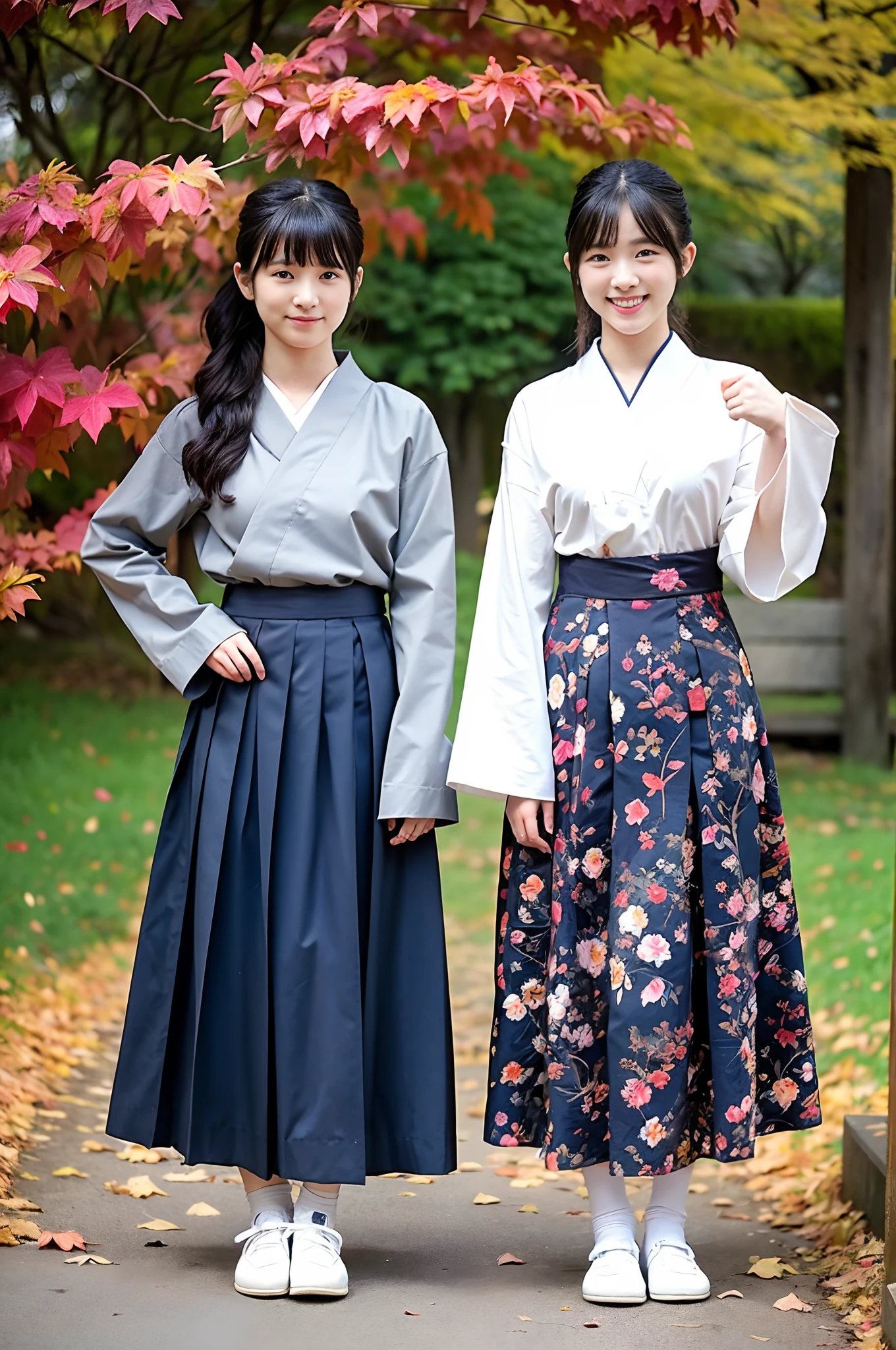 Two girls in old Japan schoolyard with autumn leaves,Super long sleeve floral hakama tops and dark blue hakama bottoms,White socks,Hair red string bow,18year old,Bangs,A little smile,Knees,From below