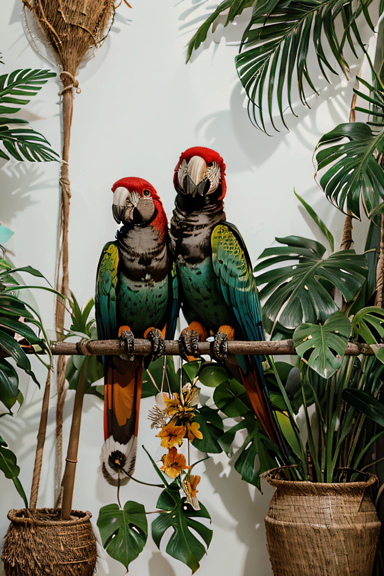 create a tropical pattern of macaws along with tropical flowers with some coconut palms and art