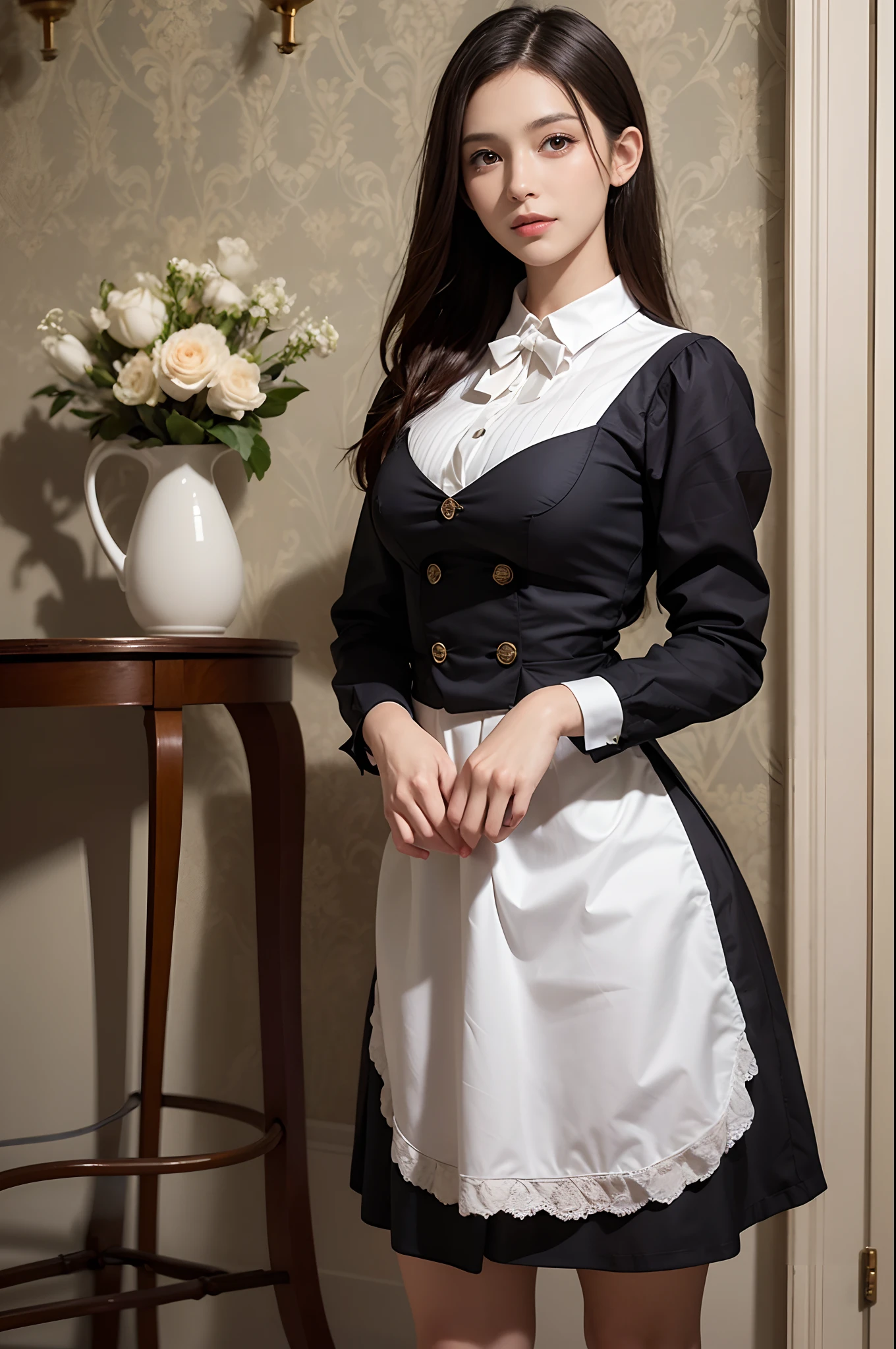 (8k, RAW photo, best quality, masterpiece:1.2), High detail RAW color photo, professional photograph, (cowboy shot:1.3), (realistic, photo realistic:1.37), ((best quality)), (1 girl:1.3), cinematic light, (finerly detailed face:1.2), (masterpiece:1.5), (best quality:1.2), (smiling:1.2), (looking at viewer:1.2), bowtie, (detailed maid:1.3),traditional, (narrow waist:1.2), (large breasts:1.2), elegant, gorgeous,gothic ta,arms behind back,
BREAK
background is luxury mansion, inside, indirect lighting, floor lights, Many beautiful flowers are arranged in luxurious vases, creating a luxurious and luxurious atmosphere., marble floor, decorative wal, BREAK ,William Morris, Arts and Crafts movement, intricate patterns, nature-inspired designs, wallpaper art, textile creations, British heritage