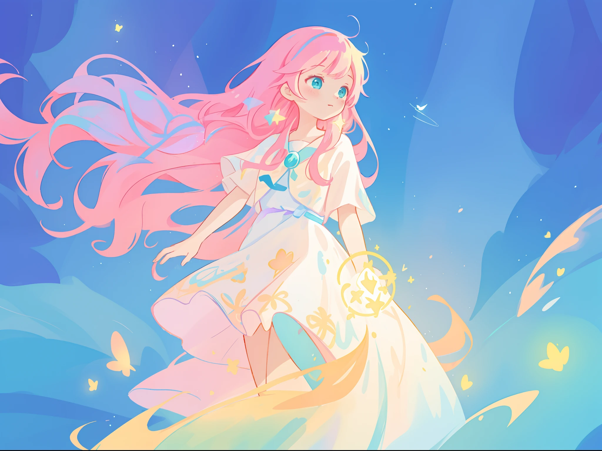 beautiful girl in flowing white dress, vibrant pastel colors, (colorful), magical lights, long flowing colorful pink hair, otherworldly aqua and blue landscape background, inspired by Glen Keane, inspired by Lois van Baarle, disney art style, by Lois van Baarle, glowing aura around her, by Glen Keane, jen bartel, glowing lights! digital painting, flowing glowing hair, glowing flowing hair, beautiful digital illustration, fantasia background, whimsical, magical, fantasy, beautiful face, ((masterpiece, best quality)), intricate details, highly detailed, sharp focus, 8k resolution, sparkling detailed eyes, liquid watercolor