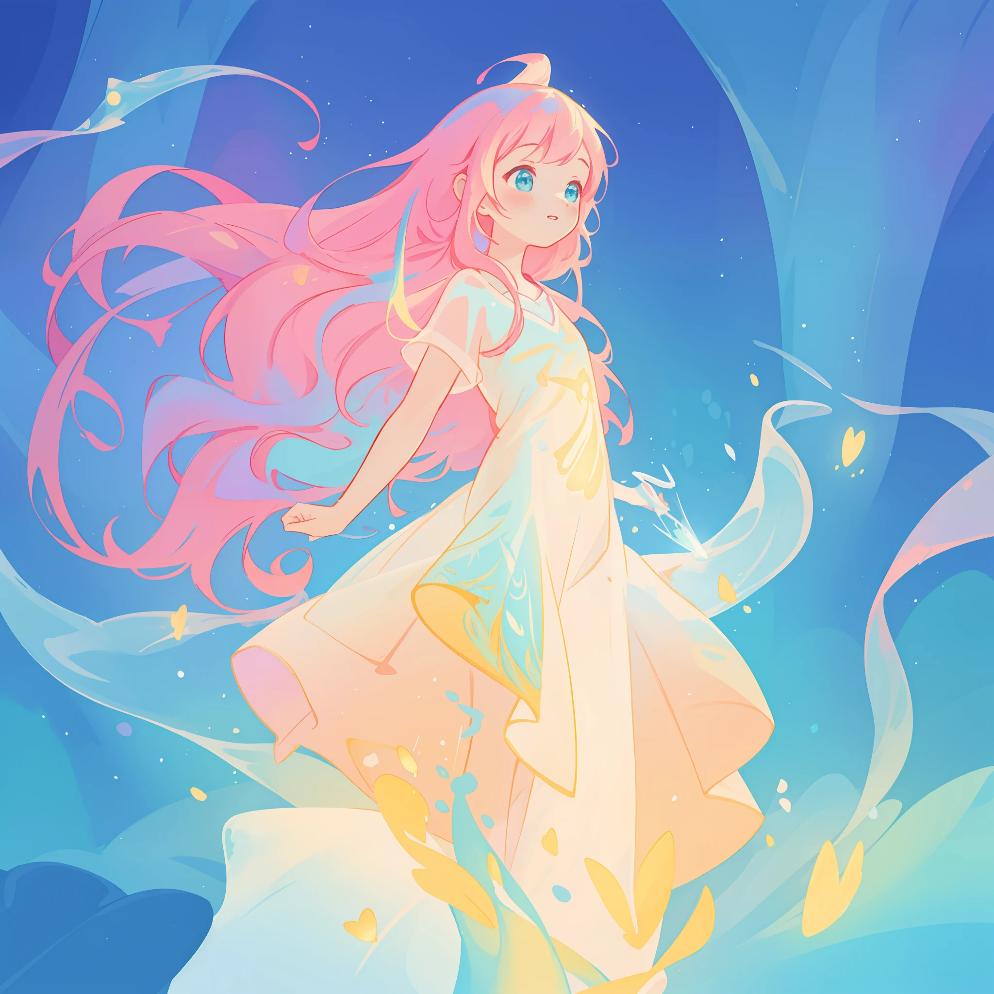 beautiful girl in flowing white dress, vibrant pastel colors, (colorful), magical lights, long flowing colorful pink hair, otherworldly aqua and blue landscape background, inspired by Glen Keane, inspired by Lois van Baarle, disney art style, by Lois van Baarle, glowing aura around her, by Glen Keane, jen bartel, glowing lights! digital painting, flowing glowing hair, glowing flowing hair, beautiful digital illustration, fantasia background, whimsical, magical, fantasy, beautiful face, ((masterpiece, best quality)), intricate details, highly detailed, sharp focus, 8k resolution, sparkling detailed eyes, liquid watercolor