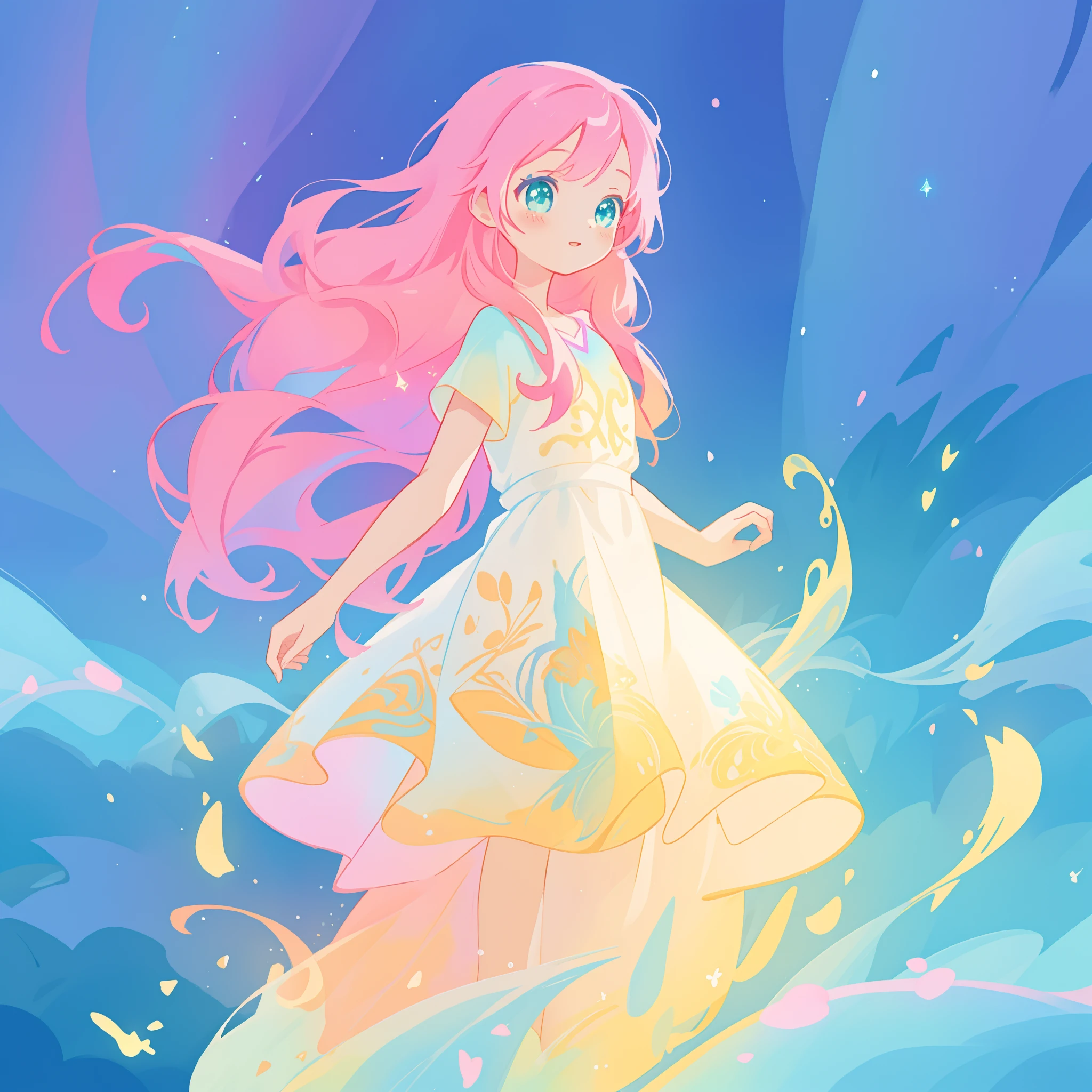 beautiful girl in flowing white dress, vibrant pastel colors, (colorful), magical lights, long flowing colorful pink hair, otherworldly aqua and blue landscape background, inspired by Glen Keane, inspired by Lois van Baarle, disney art style, by Lois van Baarle, glowing aura around her, by Glen Keane, jen bartel, glowing lights! digital painting, flowing glowing hair, glowing flowing hair, beautiful digital illustration, fantasia background, whimsical, magical, fantasy, beautiful face, ((masterpiece, best quality)), intricate details, highly detailed, sharp focus, 8k resolution, sparkling detailed eyes, liquid watercolor