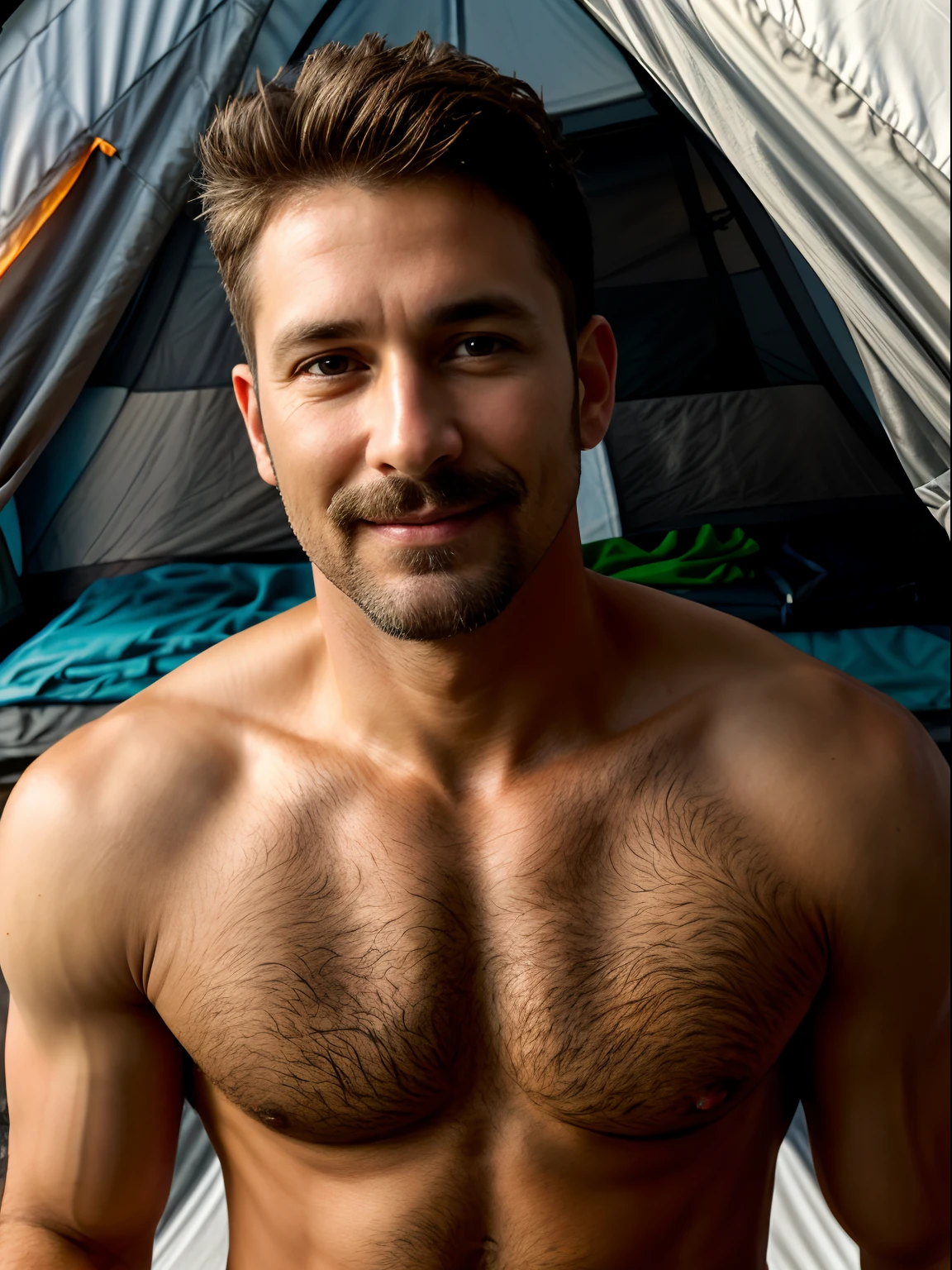 masterpiece, best quality, high resolution, closeup portrait, male focus, solo focus, a man, hiker, 35 years old, bare chest, dimples, pretty face, attractive, cute smirk, short trimmed mustache and goatee, hairy legs, in a tent, in the background a tent, amazing composition, front view, HDR, volumetric lighting, ultra quality, elegant, highly detailed