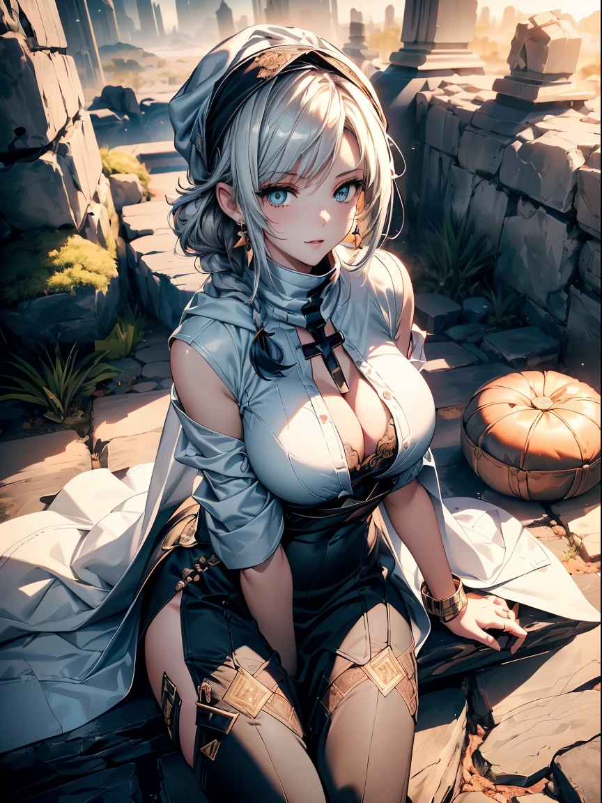 image board, a matured woman with long black hair and a white outfit, (at a rock place in a desert:1.5), (resting in oasis:1.2, holding metal water bottles:1.3, sitting with spreading legs:1.5, Yoga posing, with cross-legged:1.3, Indian style, in front of Arabic ruins:1.2), Arabic, (Post apocalyptic:0.2), from arknights, artwork in the style of guweiz, bodyesbian, fine details. girls frontline, beautiful anime illustration, from girls frontline, by Yang J, stunning, 26 years old, (milf:1.3), (solo:1.5), (sfw:1.25), sagging breast, fuge breasts, big tits, thin waist, big ass, Raised sexy, (dark mahogany medium short hair, updo, hair over one eye, asymmetric hair, Carly hair, low tied braids),(musulman, white Headscarfs, hair bands, head vandage, Turban), (ultra high resolution, 8K RAW photo, photo realistics, thin outline:1.3, clear focus), best qualtiy, natural lighting, textile shading, blurry back ground, field depth, bokeh, (Bright pupils, fine detailed beautiful eyes, high detailed face), Red lip, looking away, (dynamic angle:1.2, front view:1.2, breast focus:1.3, from above:1.1), dynamic posing, (sexy posing:1.2, leaning forward), seductive smiling, center image, (wearing white long jacket and clothes, wearing white robes, ((bare breast:1.37)), platinum ornaments, rolling white clothes around waist, camel-brown long leather boots:1.3, translucent lace pantyhose), ((correct anatomy:1.5)), ((outdoor:1.2, in a night:1.3)),