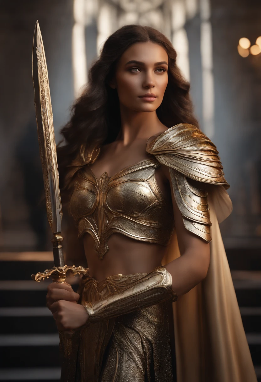 An eligant Angel with great big white wings, a golden halo around her head and an exscaliber sword, shallow depth of field, cinematic light, soft light (RAW, analogue, Nikon Z 14mm ultra-wide angle lens, award-winning photograph, ((best quality)), ((masterpiece)), ((realistic)), tessellation, ambient occlusion, ray-tracing, subsurface scattering, radiant light rays, high-res, detailed facial features, high detail, sharp focus, smooth, aesthetic, extremely detailed, (extremely detailed eyes, extremely detailed iris), octane render, photorealistic, realistic, post-processing, max detail, realistic shadows, roughness, natural skin texture, real life, ultra-realistic, photorealism, photography, 8k UHD, photography, hdr, intricate, highly detailed, sharp focus, stunning, 8k, intricate, highly detailed, majestic, digital photography, (masterpiece, sidelighting, finely detailed beautiful eyes: 1.2), HDR, wide angle camera, full portrait, full body, extremely detailed hair, extremely detailed skin, extremely detailed clothes, full body portrait, soft shadows