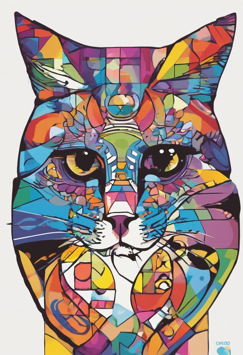 grafismo, diverse and playful geometric figures, Rainbow, romero britto, uma gata head, juba bem detalhada ((fundo branco)), olhos penetrantes, gatinha colorida, delicada e alegre, abstrato, epic instagram, art-station, toque de estilo splash de tinta colorida+, contorno, hiperdetalhado intricadamente detalhado, genial, detalhes intrincados, tela inicial, cores complementares, conceito realista abstrato romero britto de arte, 8K, obra-prima do deviantart, oil-painting, pinceladas pesadas, pingos de tinta, artes de salpicos.