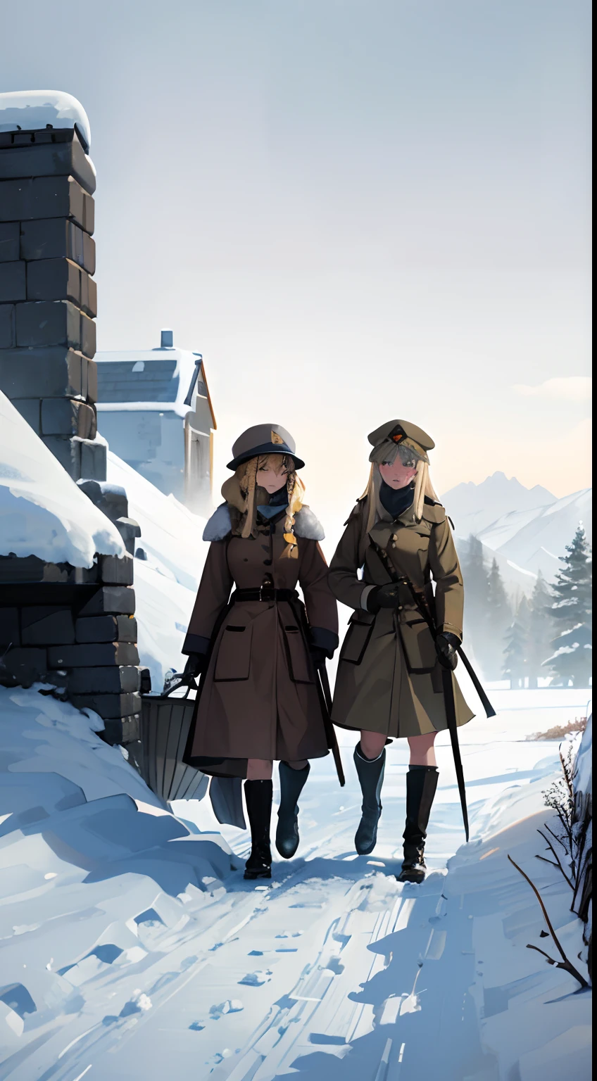 trench warfare, WW1, {{2 girls}}, blond, in snow mountain, fjord, ushanka, winter coat, BDU, 1 girl holding civil engineering shovel, (best quality, perfect quality), high resolution, looking afar