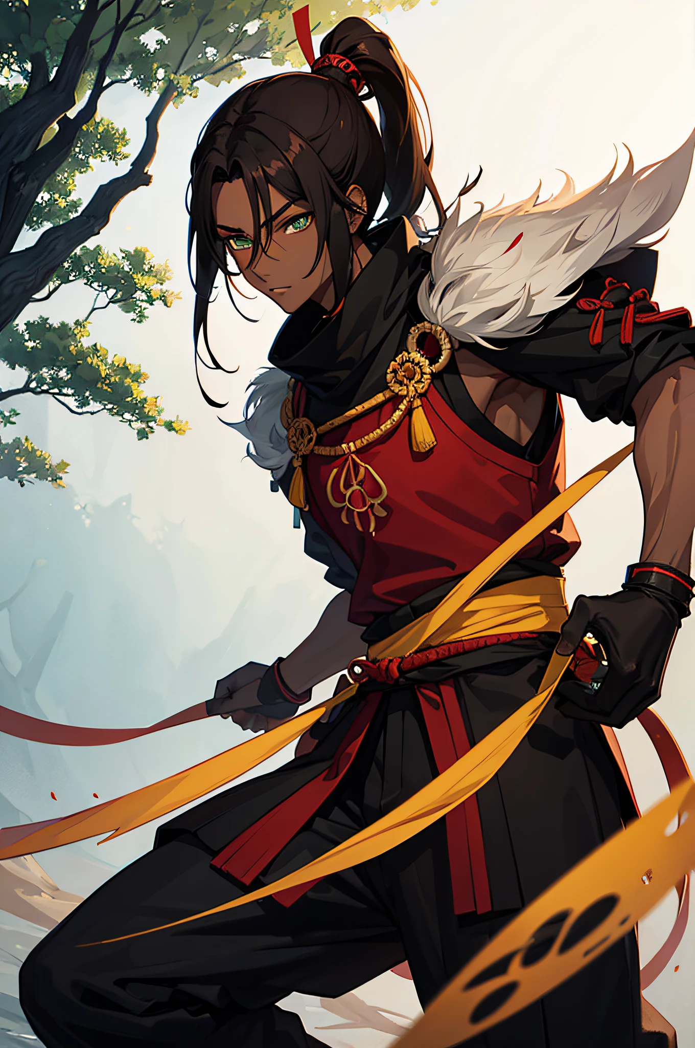 This young member of the Senju Clan stands tall at 1.82 meters with very dark skin and determined eyes. He sports long, brown hair tied in a samurai-style ponytail, complemented by unique, tree-colored green eyes. His attire reflects the clan's traditions, embodying strength and courage in his character, kid, man, full body, young, dark skin, background forest, hashirama senju