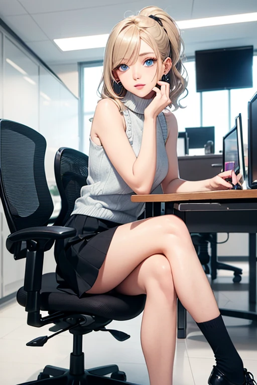 first person perspective, (innocent and Cute girl:1.3), (Wearing sleeveless turtleneck sweater: 1.2), (Pleated mini skirt of white colors:1.2), (Thin black tights), ((Zettairyouiki:1.3)), (High-Ponytail hairstyle, dark gold hair, Wavy hair), (focus on legs:1.2), Medium large breasts, (sitting on office chair,legs crossed:1.4), looking at me, From below, (Full body shot:1.2), Break, (Masterpiece: 1.3), (Highest high resolution: 1.2), (Ultra HDTV: 1.2), cinematic lighitnglamplight, Ultra HDTV, (Detailed eyes and skin:1.2), (Detailed facial features), hdr, 8K resolution, Sharp focus: 1.2, Perfect style, Beautiful face, Beautiful legs, Accurate, Anatomically correct, Highly detailed face and skin texture, Detailed eyes, Blue eyes, Double eyelids, Thin eyebrows, glitter eyeliner, natural cheeks, Fair skin: 1.2, Earrings, without a shiny small necklace, (Glossy lips: 1.4),