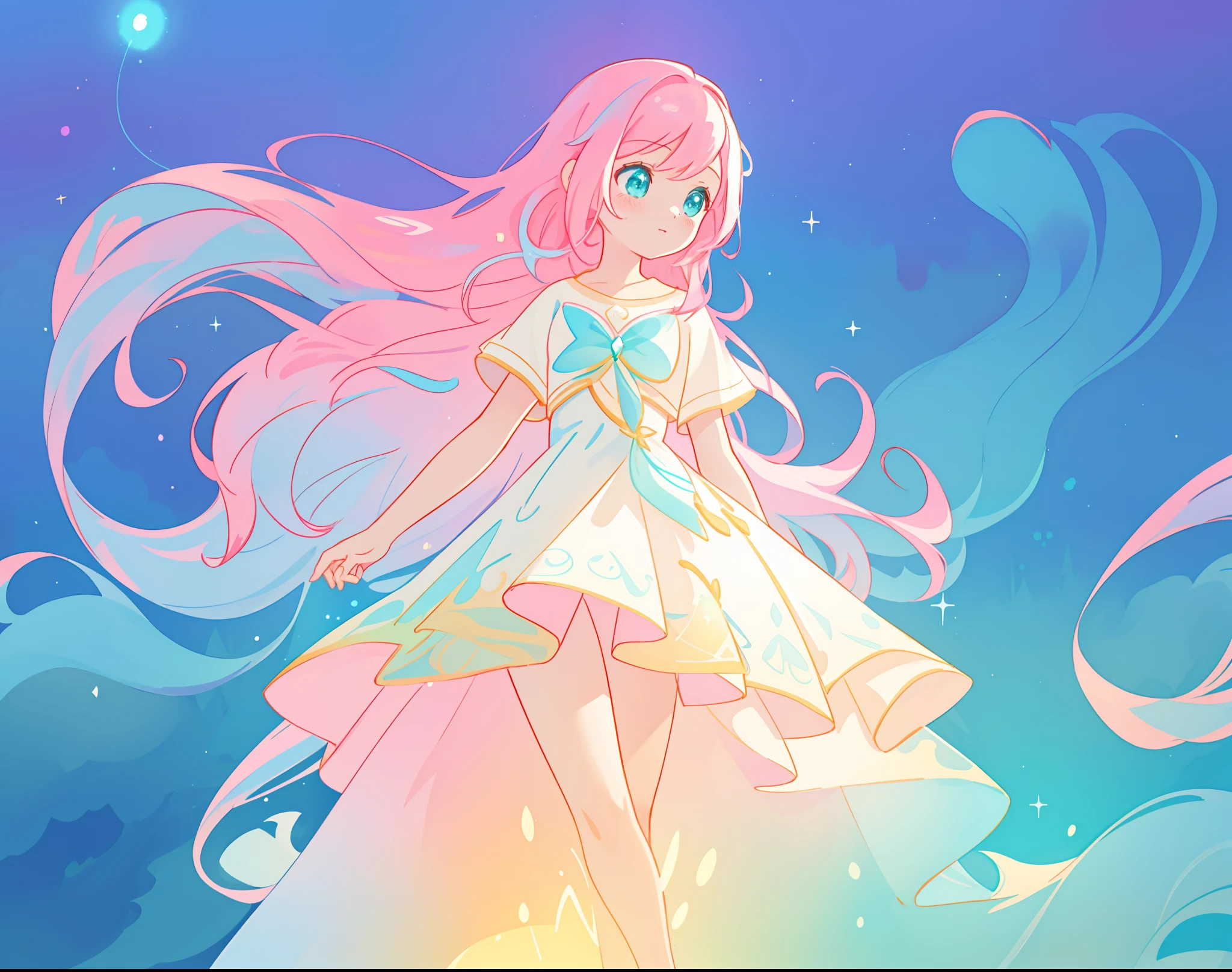 beautiful girl in flowing white dress, vibrant pastel colors, (colorful), magical lights, long flowing colorful pink hair, otherworldly aqua and blue landscape background, inspired by Glen Keane, inspired by Lois van Baarle, disney art style, by Lois van Baarle, glowing aura around her, by Glen Keane, jen bartel, glowing lights! digital painting, flowing glowing hair, glowing flowing hair, beautiful digital illustration, fantasia background, whimsical, magical, fantasy, beautiful face, ((masterpiece, best quality)), intricate details, highly detailed, sharp focus, 8k resolution, sparkling detailed eyes, liquid watercolor