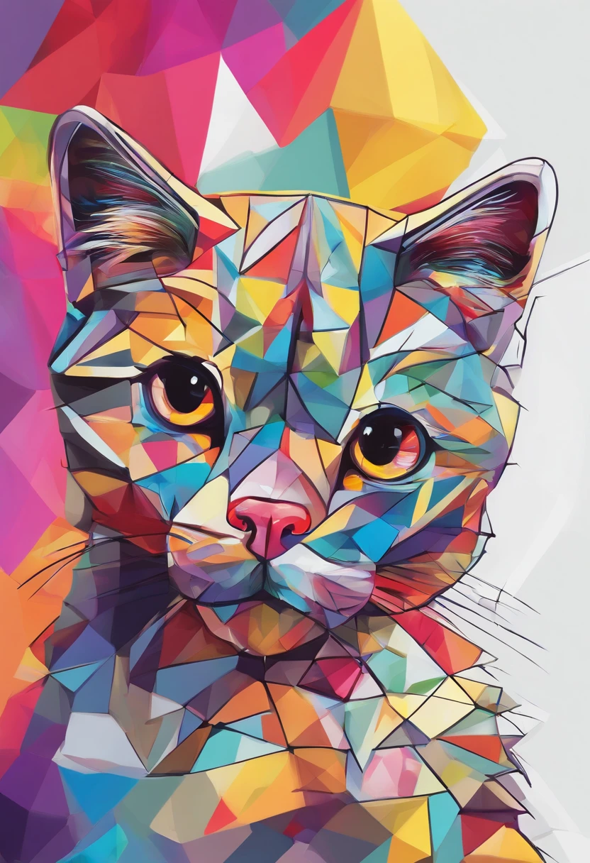 grafismo, diverse and playful geometric figures, Rainbow, romero britto, uma gata head, juba bem detalhada ((fundo branco)), olhos penetrantes, gatinha colorida, delicada e alegre, abstrato, epic instagram, art-station, toque de estilo splash de tinta colorida+, contorno, hiperdetalhado intricadamente detalhado, genial, detalhes intrincados, tela inicial, cores complementares, conceito realista abstrato romero britto de arte, 8K, obra-prima do deviantart, oil-painting, pinceladas pesadas, pingos de tinta, artes de salpicos.