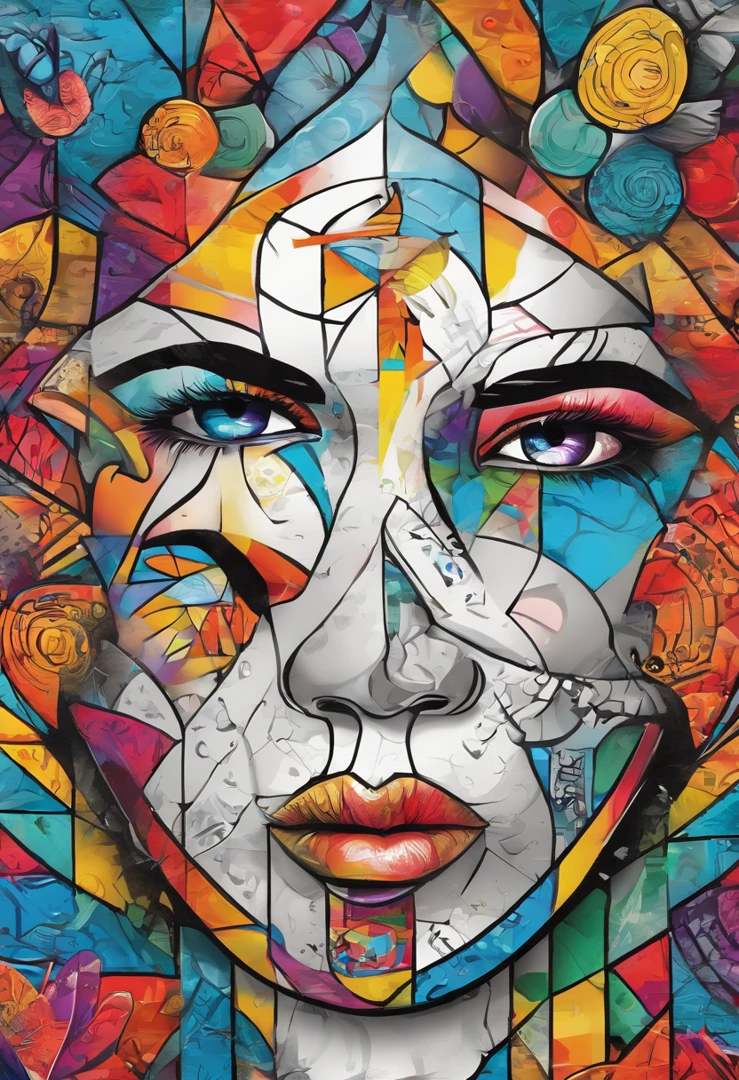 grafismo, diverse and playful geometric figures, Rainbow, romero britto, uma gata head, juba bem detalhada ((fundo branco)), olhos penetrantes, gatinha colorida, delicada e alegre, abstrato, epic instagram, art-station, toque de estilo splash de tinta colorida+, contorno, hiperdetalhado intricadamente detalhado, genial, detalhes intrincados, tela inicial, cores complementares, conceito realista abstrato romero britto de arte, 8K, obra-prima do deviantart, oil-painting, pinceladas pesadas, pingos de tinta, artes de salpicos.