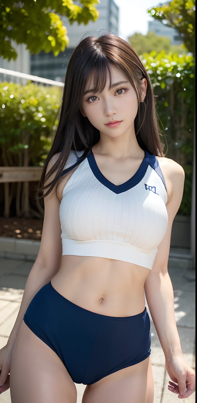 (​masterpiece:1.3), (8K, Photorealsitic, Raw photography, Top image quality: 1.4), japanes, (1girl in), beauitful face, (Lifelike face), Beautiful hairstyle, realisticeyes, Eyes in Beautiful Details, (real looking skin), Beautiful skins, enticing, 超A high resolution, A hyper-realistic, high detailing, the golden ratio, (Detal Face:1.2), see the beholder,masutepiece, Best Quality, Ultra-detailed, finely detail, hight resolution, Composition of the whole body、Glossy thighs、(8K、top-quality、​masterpiece:1.2)、(realisitic、Photorealsitic:1.37)、ultra-detailliert、top-quality、超A high resolution、professionally lit、Photon mapping、Radio City、physically-based renderingt、Cinematic lighting、depth of fields,Focusing,Sun'rays,Good composition,(Bokeh:1.2),(((1 girl of 20 years))),Double eyes、(((Volleyball uniform with white upper body、Dark blue bloomers)))Gymnasium、、Open Legs Pose、Bold legs open、Beautiful detailed eyes, fitness wear, Natural Color Lip,Photorealsitic、realisitic、独奏、Photorealsitic、top-quality、extra detailed face、extremely detailed eye and face、beatiful detailed eyes、absurderes、incredibly absurdness、hair messy、Floating hair、Brown hair、Wavy hairstyle、Middle hair、(extremely details CG、8K Picture Wallpaper)、(extremely delicate and beautiful)、(​masterpiece)、(top-quality:1.0)、(超A high resolution:1.0)、beautiful  lighting、perfect lightning bolt、realistic shadow、[hight resolution]、Detailed skin、ultra-detailliert、detailed faces and eyes、Realistic eyes、Sharp pupils、beauitful face、plein air、Downtown Japan、Gymnasium、blurry backround、shinny skin、Blunt bangs、Super high quality photos, The 8k quality, Outdoors, Full body composition, looking in camera, Japan 20-year-old woman, Perfect beauty, Pore-visible texture, Perfect facial features, clear bare skin, clear bare skin, Beautiful toned body, Bloomers (Bloomers in Japan School, Seamless design, Monochromatic bloomers, Bloomers are dark blue, tight fitted、Bloomers are elastic fabrics、The length of the bloomer is from the navel), Legs wide open、