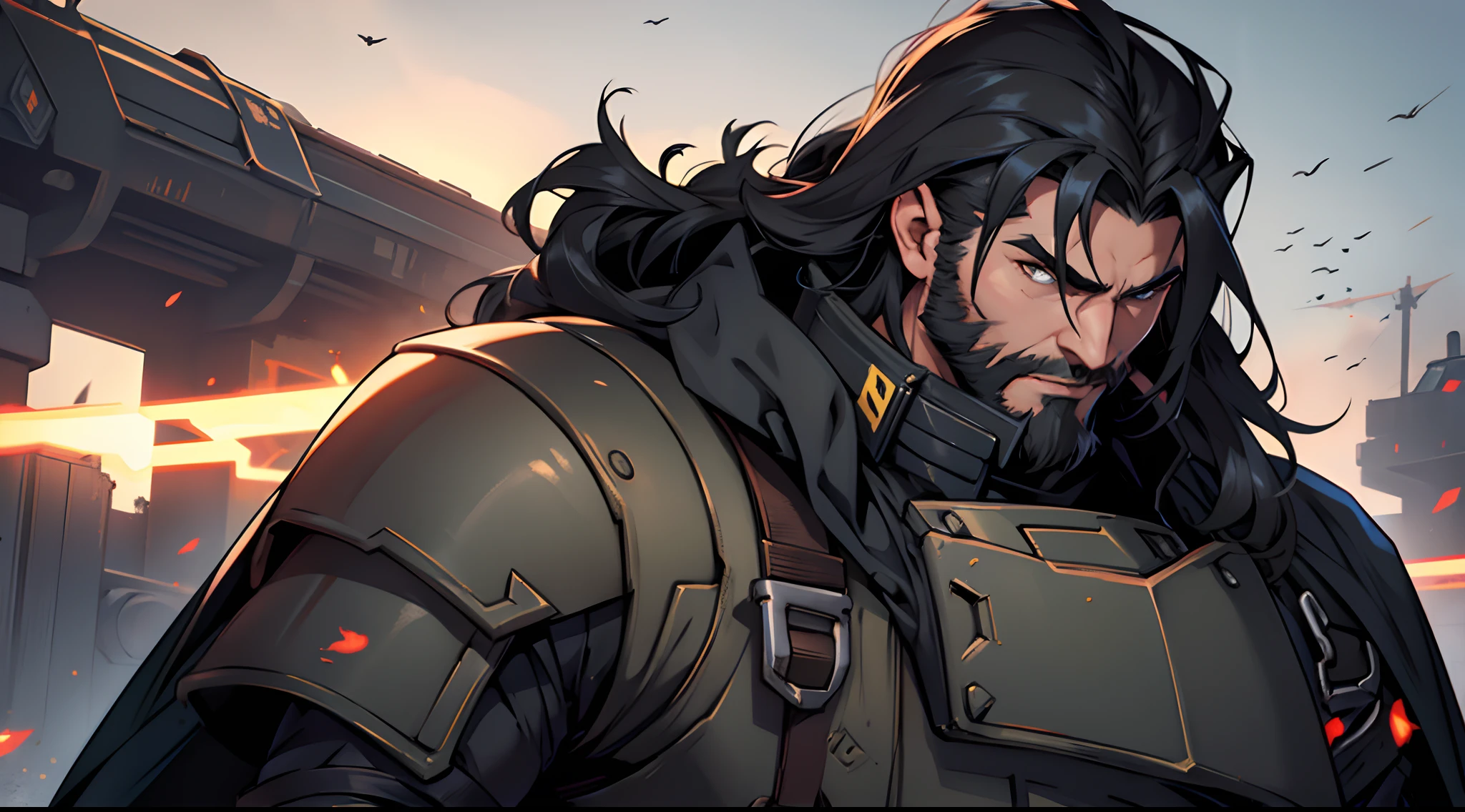 1 Man solo, he has a short black beard and he has long black flowing hair. he is Wearing futuristic armor with a cape. (Helldivers)