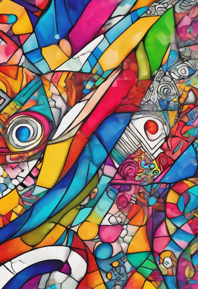 grafismo, diverse and playful geometric figures, Rainbow, romero britto, uma gata head, juba bem detalhada ((fundo branco)), olhos penetrantes, gatinha colorida, delicada e alegre, abstrato, epic instagram, art-station, toque de estilo splash de tinta colorida+, contorno, hiperdetalhado intricadamente detalhado, genial, detalhes intrincados, tela inicial, cores complementares, conceito realista abstrato romero britto de arte, 8K, obra-prima do deviantart, oil-painting, pinceladas pesadas, pingos de tinta, artes de salpicos.
