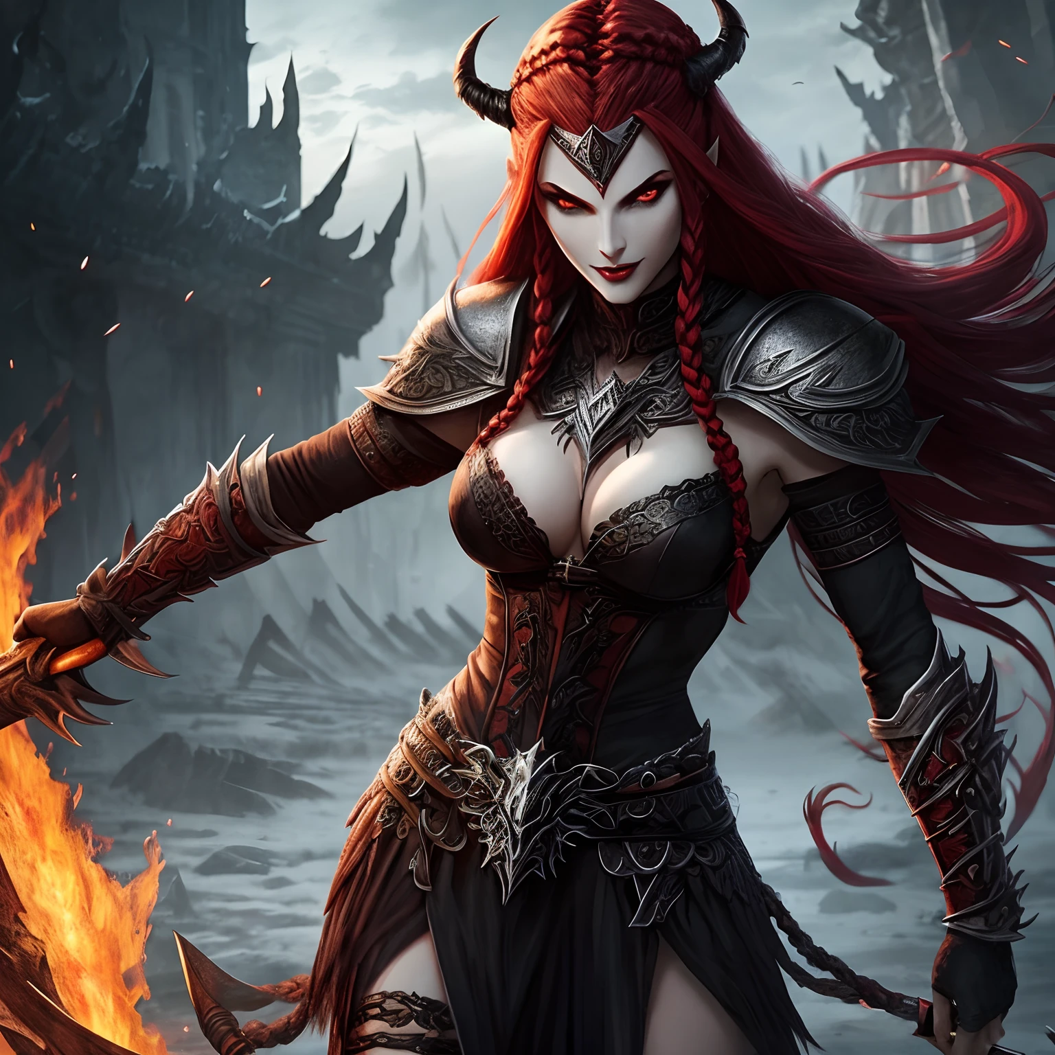 Berserker, Barbarian female vampira, Arte de Fantasia, of his gaze alone enemies beginning to panic, one head, devilish smile, besta do inferno, demonio, White Fire Sky, guerreira, com foice e escudo, lindo, Female orcs, Werelion, Long red braided hair, olhos dourados brilhantes, realista, altamente detalhados, Motor irreal, 8k de luxo
