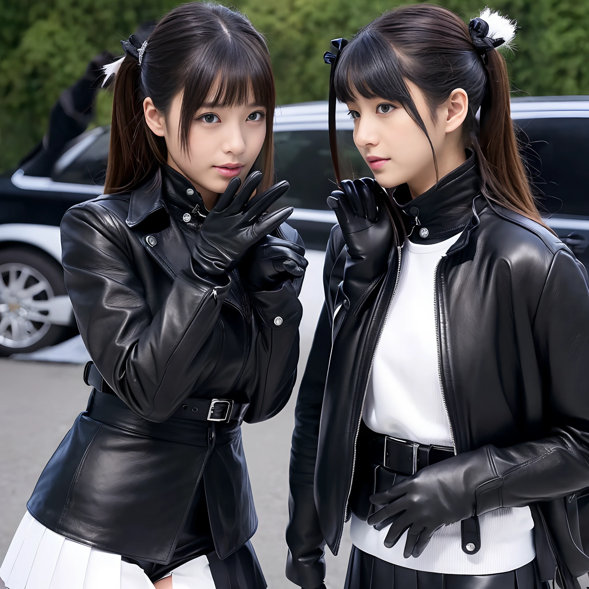 Black leather gloves on both hands、Innocent Japan high school girl Black Leather Double Rider's Jacket、(Wearing black leather gloves on both hands)、Black Leather Skinny Pants、Black Leather Knee High Long Boots(Wearing black leather gloves on both hands)