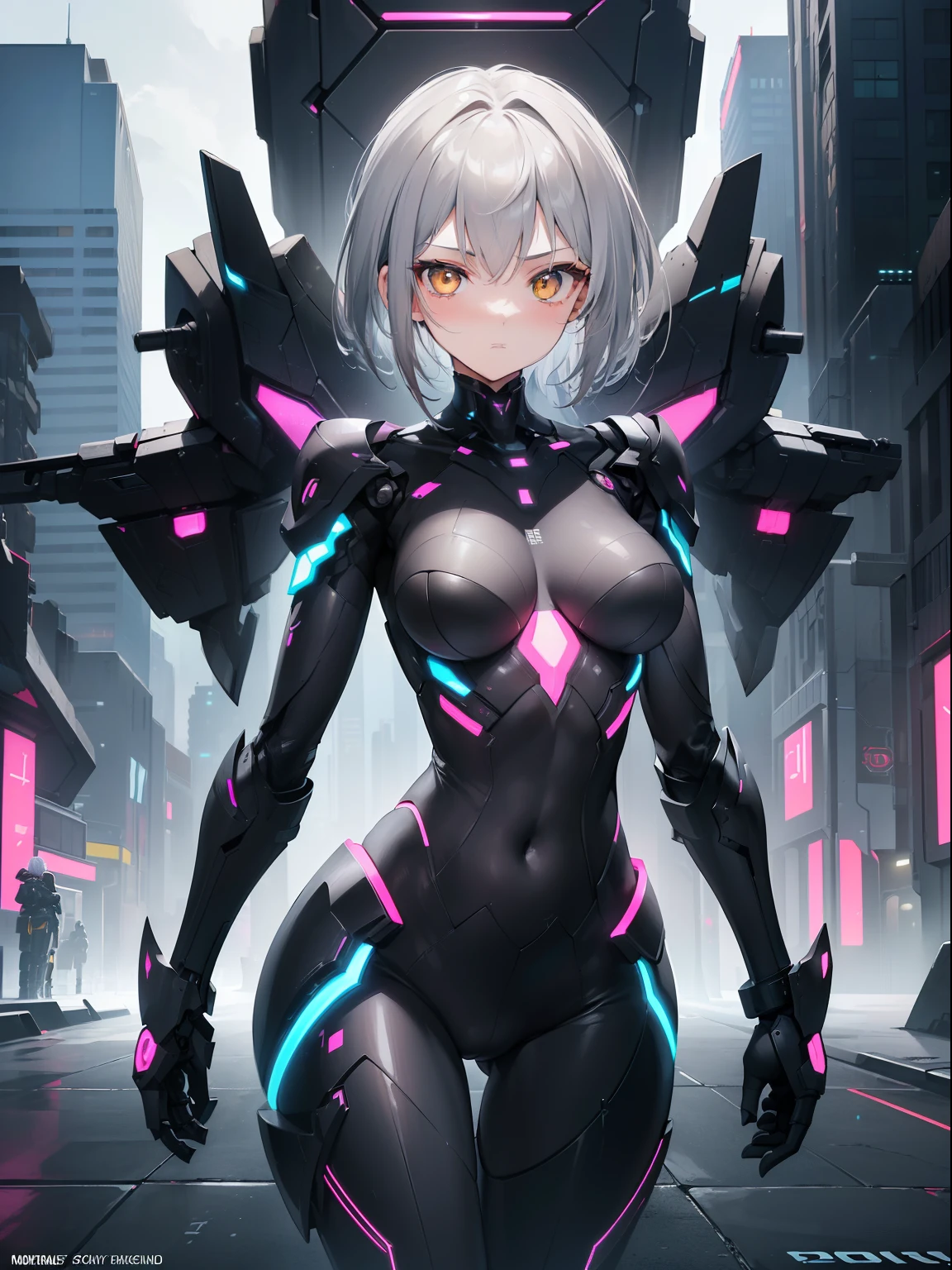 ((Masterpiece, Highest quality)), Detailed face, Beautiful face, full bodyesbian, Full of details, Highly detailed, Depth, Beautiful girl with grey hair,with hair dishevelled,short grey hair,Sick,White pupils,The legs are very thin,The legs are long, yellow eyes, glowing eyes, masterpiece, 1girl ((20year old, futuristic mech armor exposes navel, black armor, medium breasts, naked, flirting, looking towards camera, standing in the middle of a sci-fi futuristic urban street, neon lights and towering skyscrapers, futuristic and energetic atmosphere), ((nighttime)) ((low camera angle, ground view)) Tall and tall,Thin, 8k, ultrarealistik, oficial art,NSFW, blush,