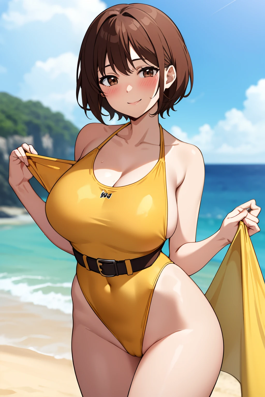 1girll, with short brown hair, Brown eyes, Cowboy shot, Yellow swimsuit, Yellow belt, One-piece swimsuit, Smile, Blush, beach, Large breasts, Deep-chested swimsuit, Highleg Plunge swimsuit